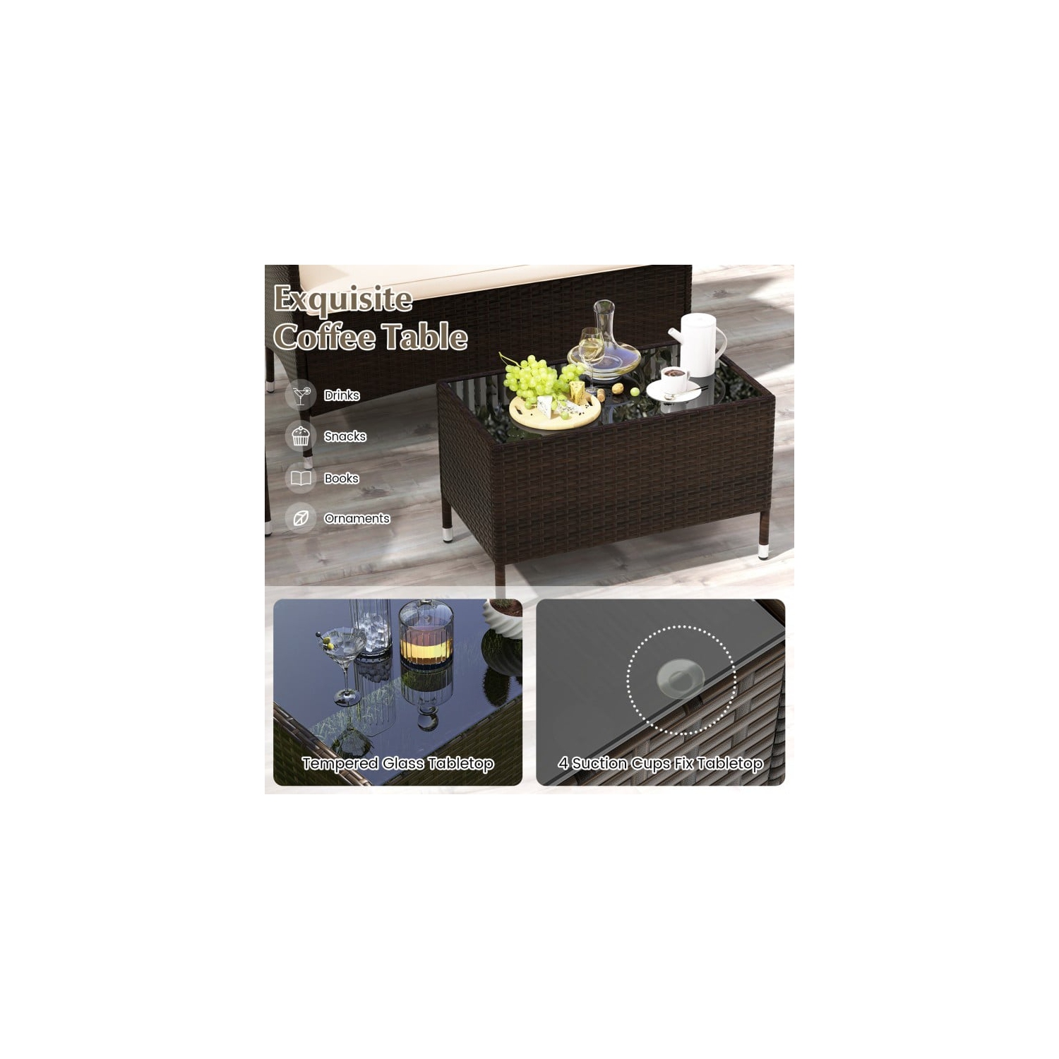 Patio 4-Piece Rattan Sofa Set with Comfortable Cushions and Glass Table