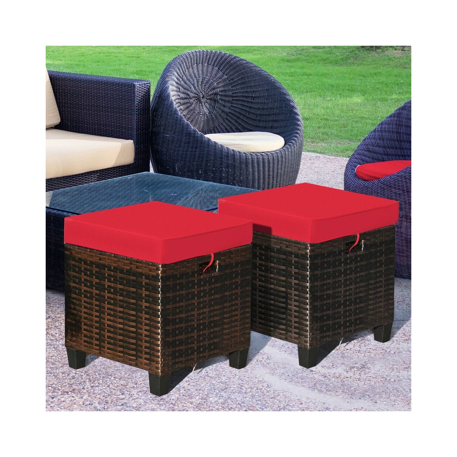 Cushioned Patio Ottomans, 2-Piece Rattan Footrest Set for Garden