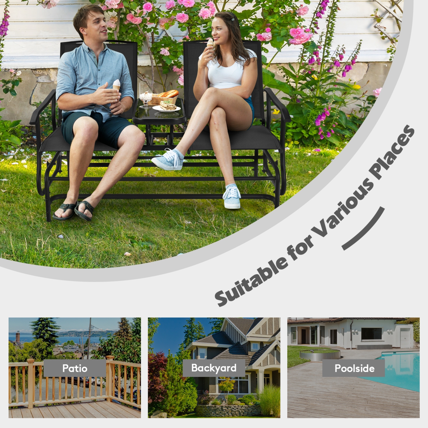 2-Person Outdoor Double Rocking Loveseat with Breathable Mesh Seats and Built-In Tempered Glass Table