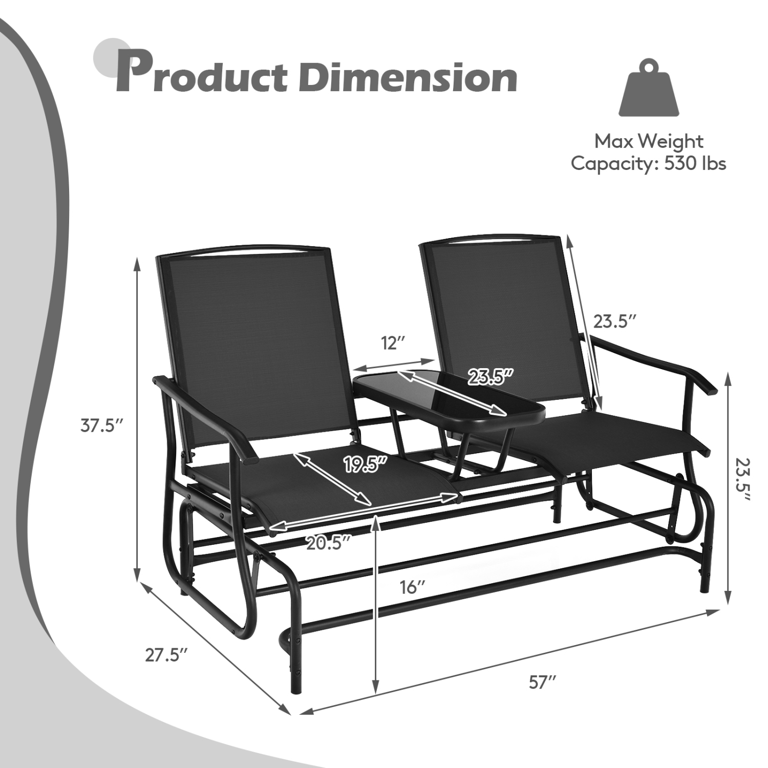 2-Person Outdoor Double Rocking Loveseat with Breathable Mesh Seats and Built-In Tempered Glass Table