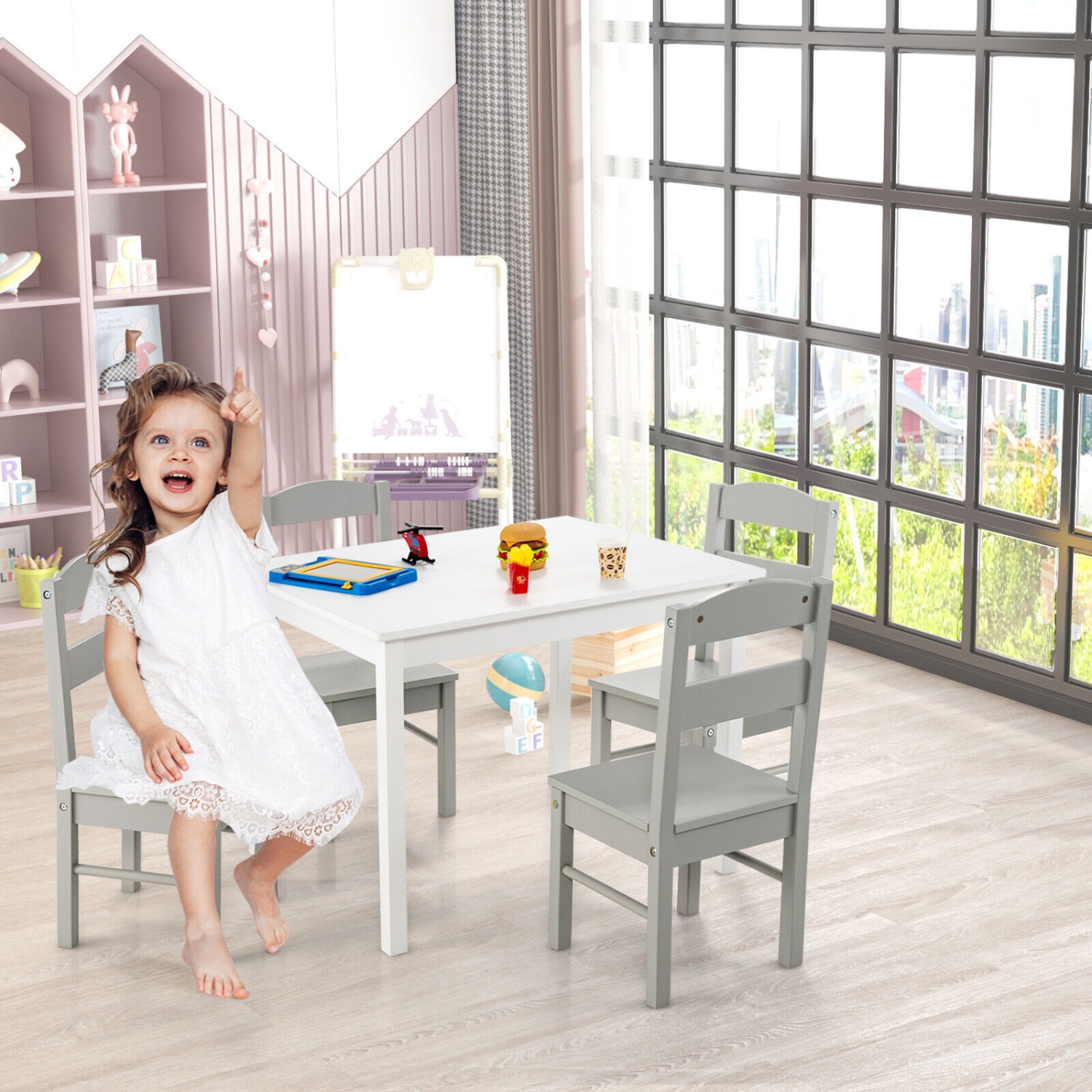 Kids 5 Piece Table and Chair Set Wooden Children Activity Playroom Furniture Gift-White