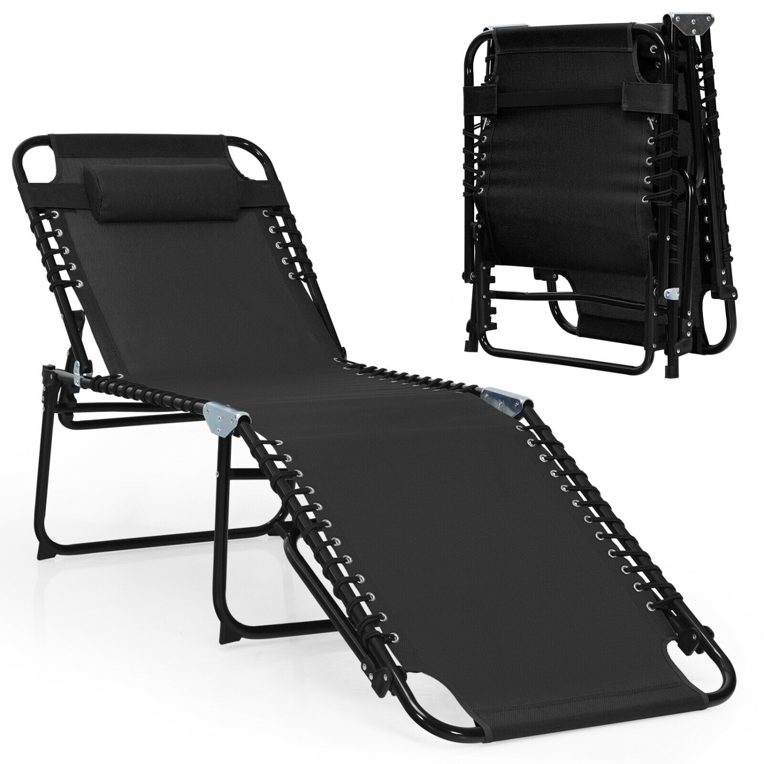 Foldable Reclining Lounge Chair with Adjustable Backrest and Footrest for Patio or Camping