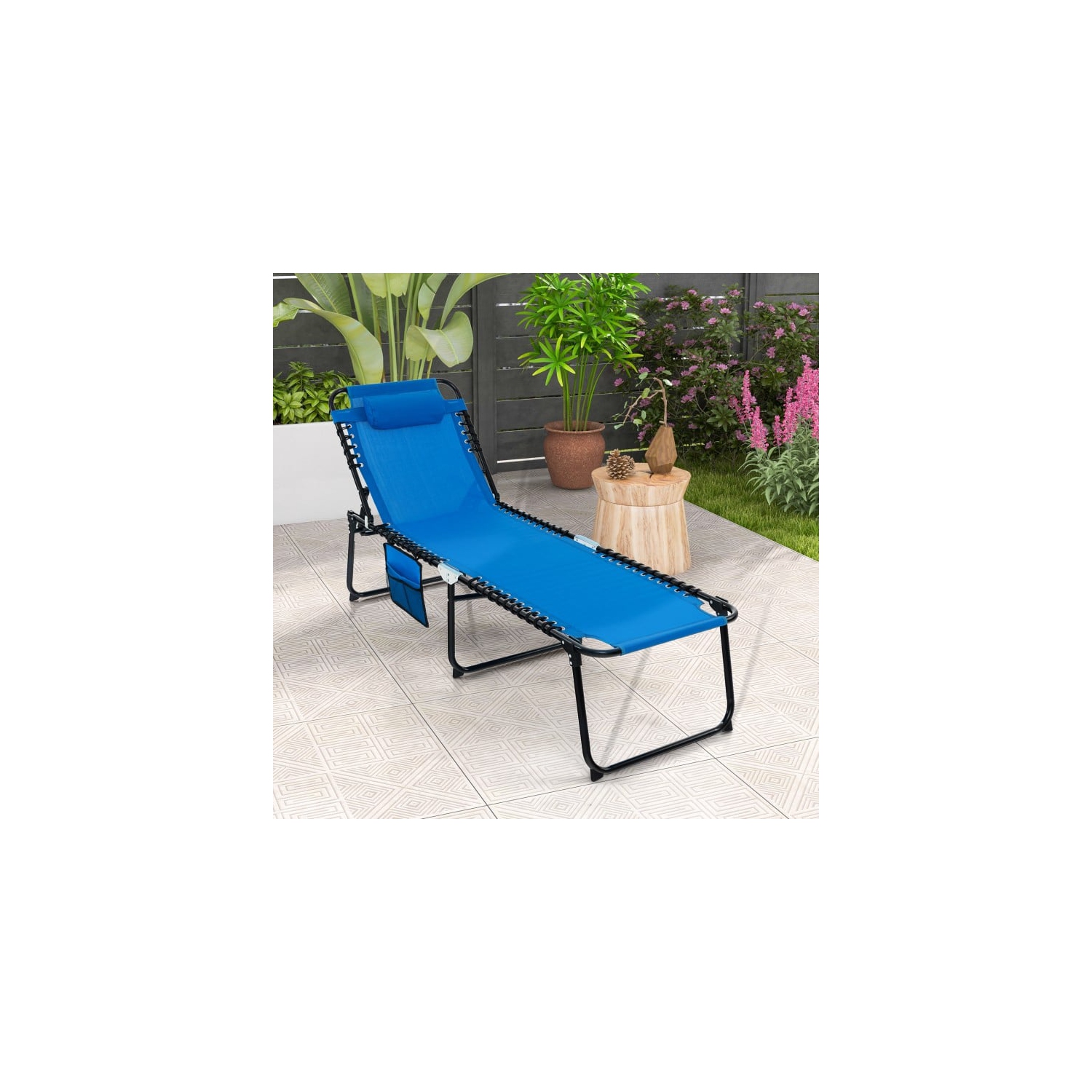 Foldable Reclining Lounge Chair with Adjustable Backrest and Footrest for Patio or Camping