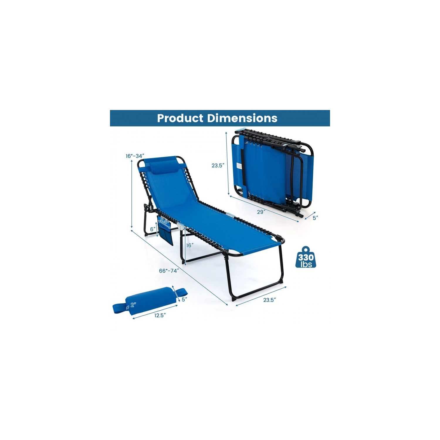 Foldable Reclining Lounge Chair with Adjustable Backrest and Footrest for Patio or Camping