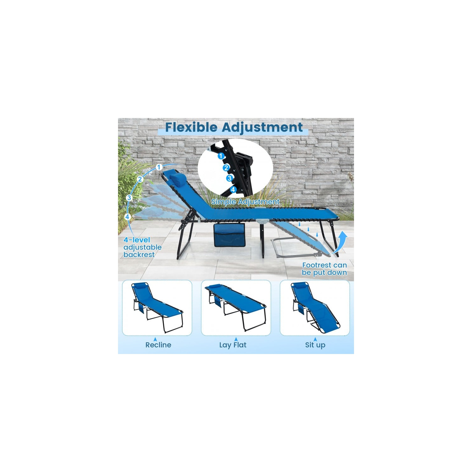 Foldable Reclining Lounge Chair with Adjustable Backrest and Footrest for Patio or Camping