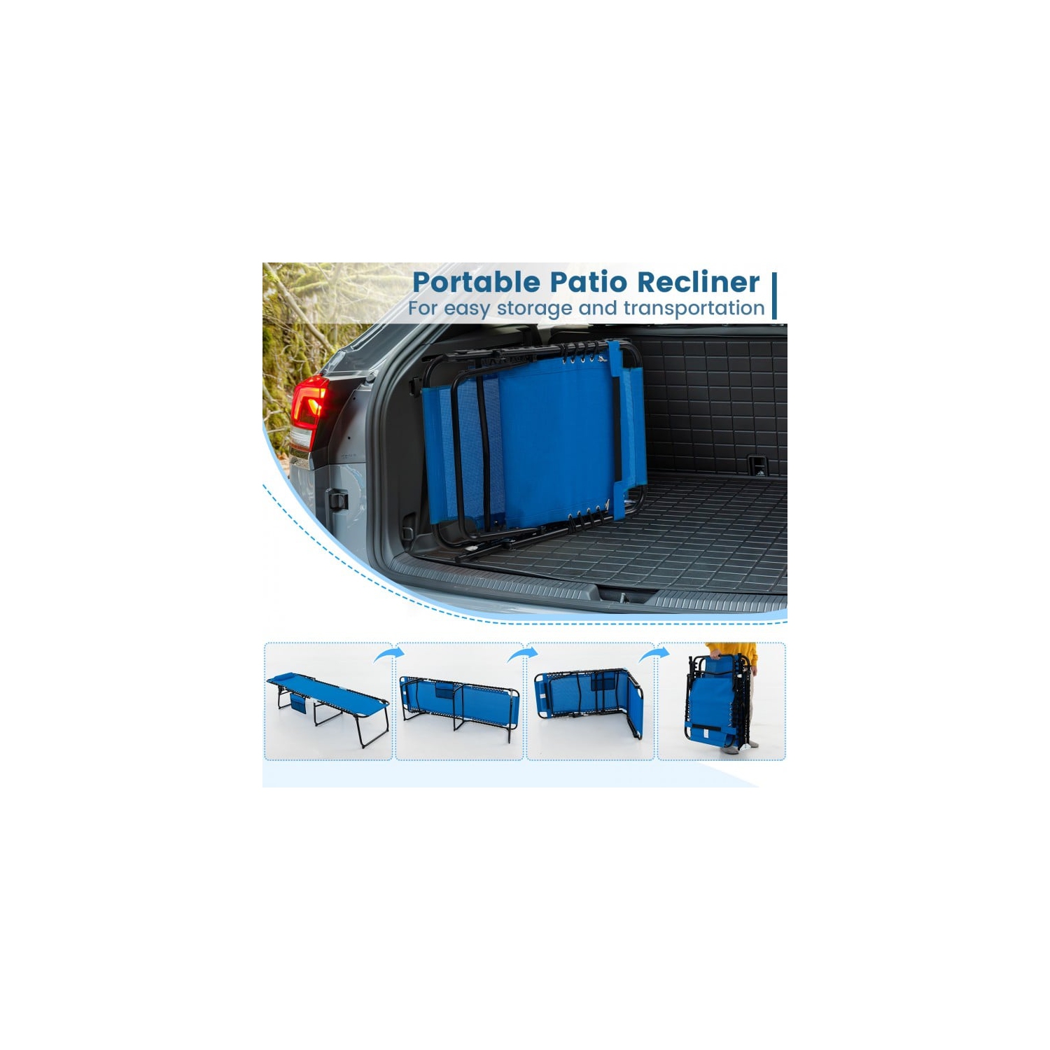 Foldable Reclining Lounge Chair with Adjustable Backrest and Footrest for Patio or Camping