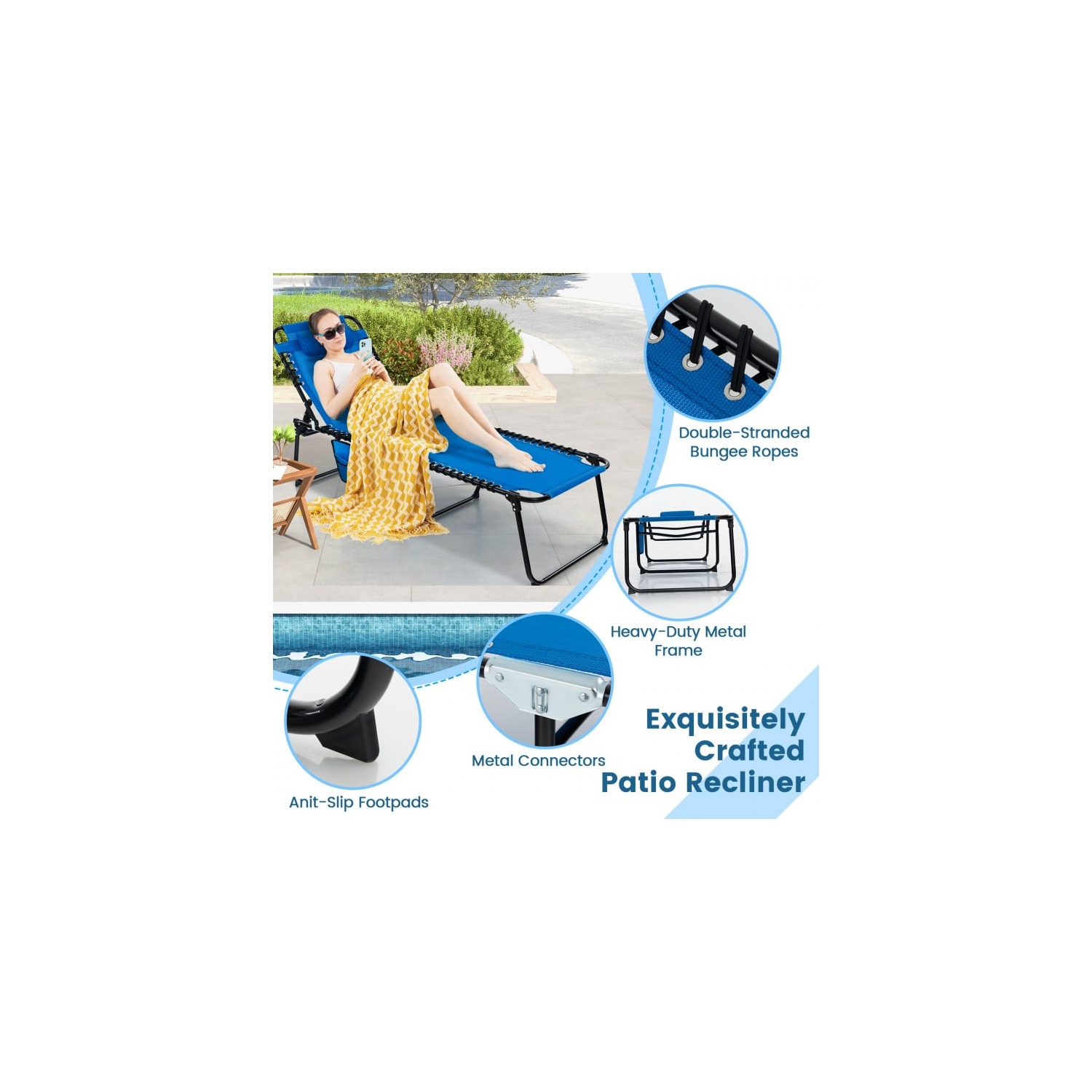 Foldable Reclining Lounge Chair with Adjustable Backrest and Footrest for Patio or Camping