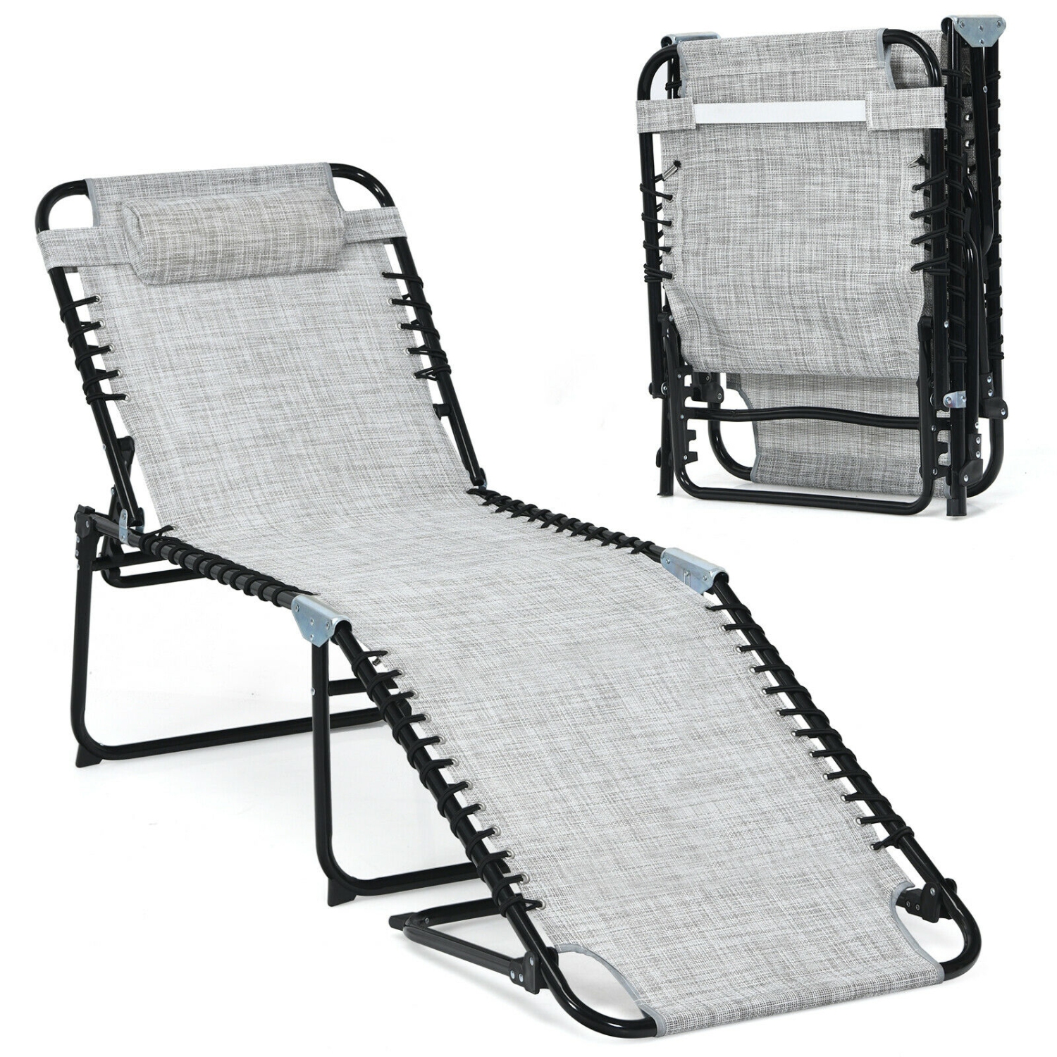 Foldable Reclining Lounge Chair with Adjustable Backrest and Footrest for Patio or Camping