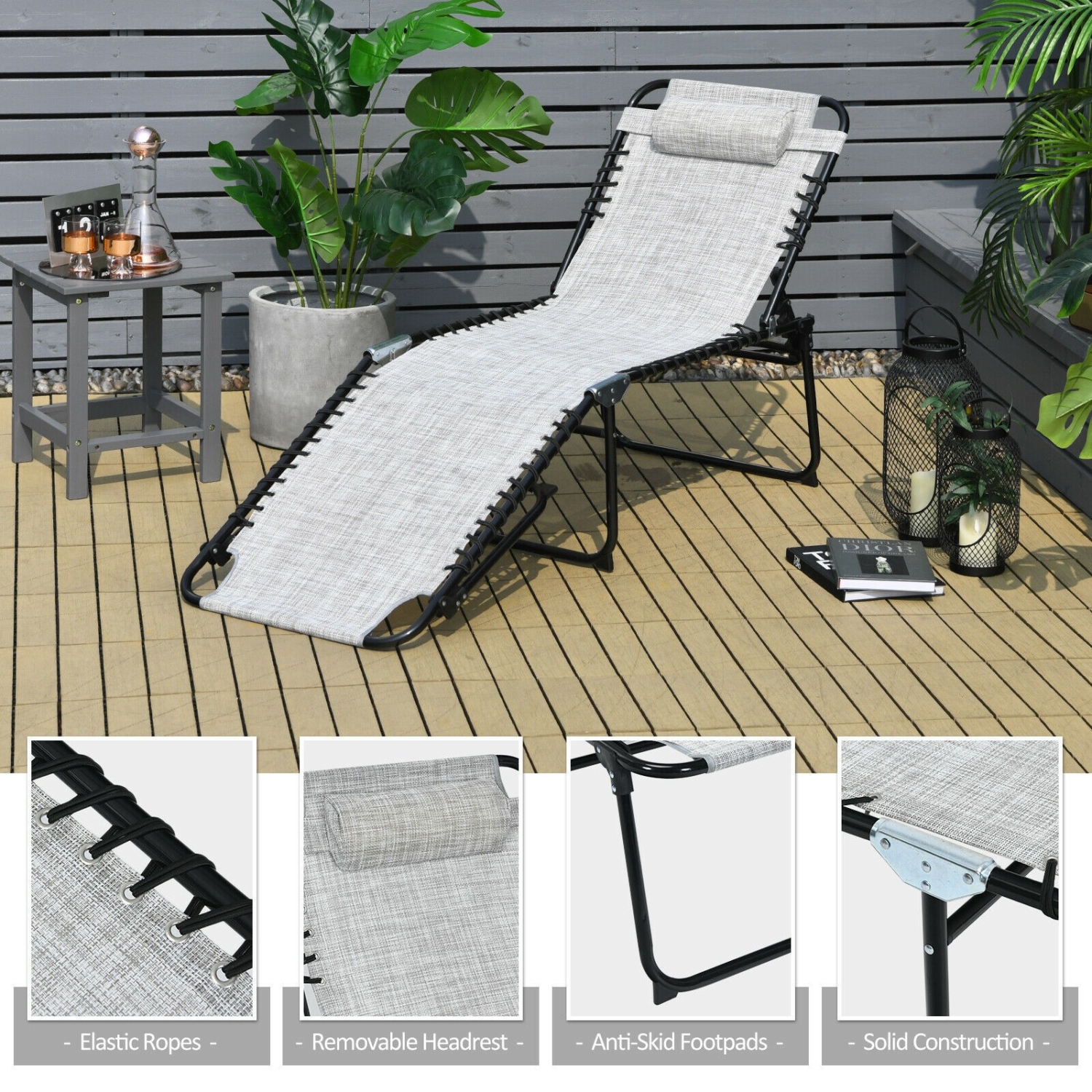 Foldable Reclining Lounge Chair with Adjustable Backrest and Footrest for Patio or Camping