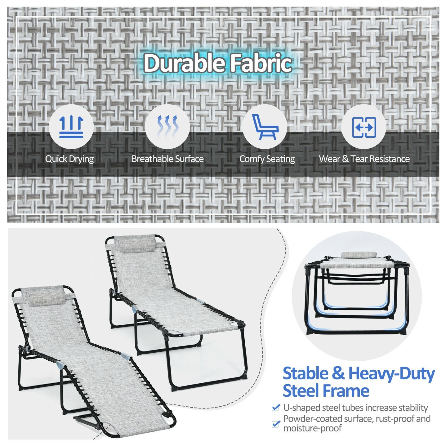 Foldable Reclining Lounge Chair with Adjustable Backrest and Footrest for Patio or Camping