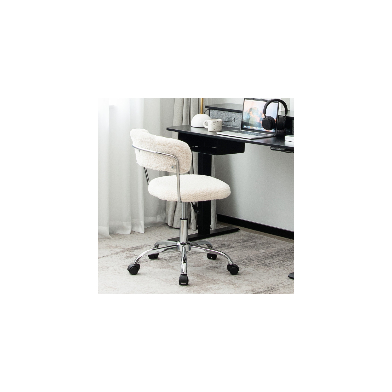Chaise de bureau réglable en Sherpa avec base pivotante, bureau moderne ou chaise de coiffeuse