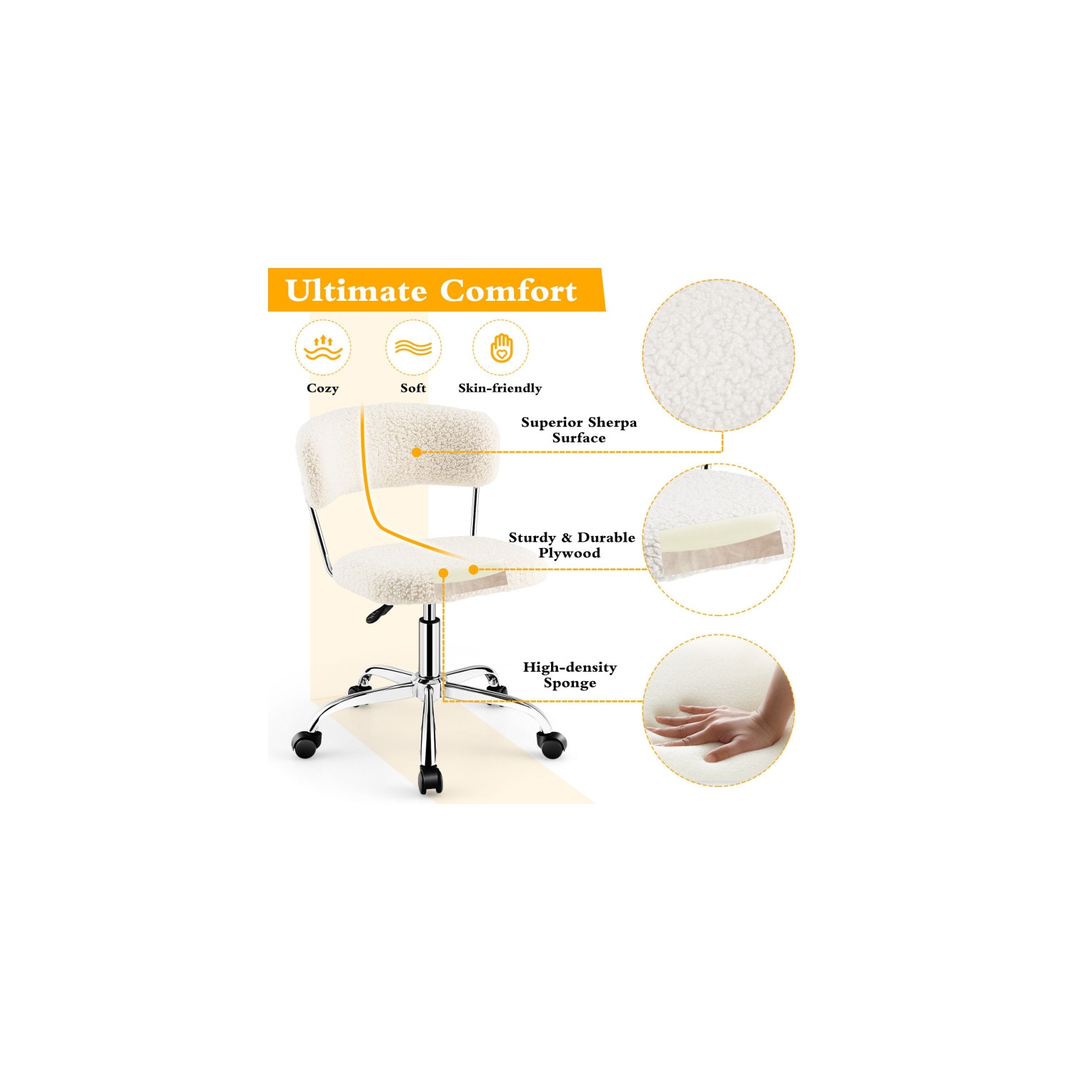 Chaise de bureau réglable en Sherpa avec base pivotante, bureau moderne ou chaise de coiffeuse