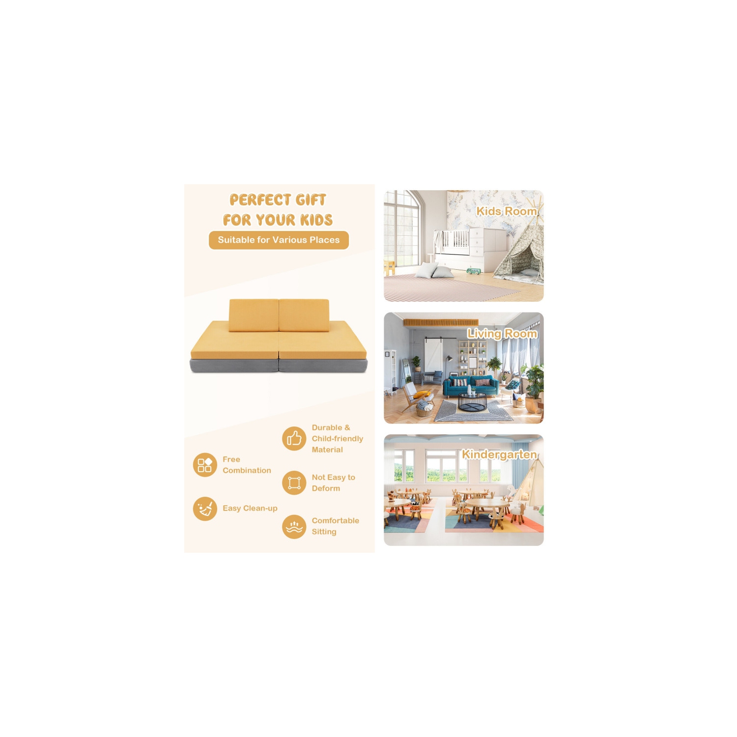 Modular Foam Kids Sofa and Play Couch – Foldable Mat & Pillow Set for Boys and Girls