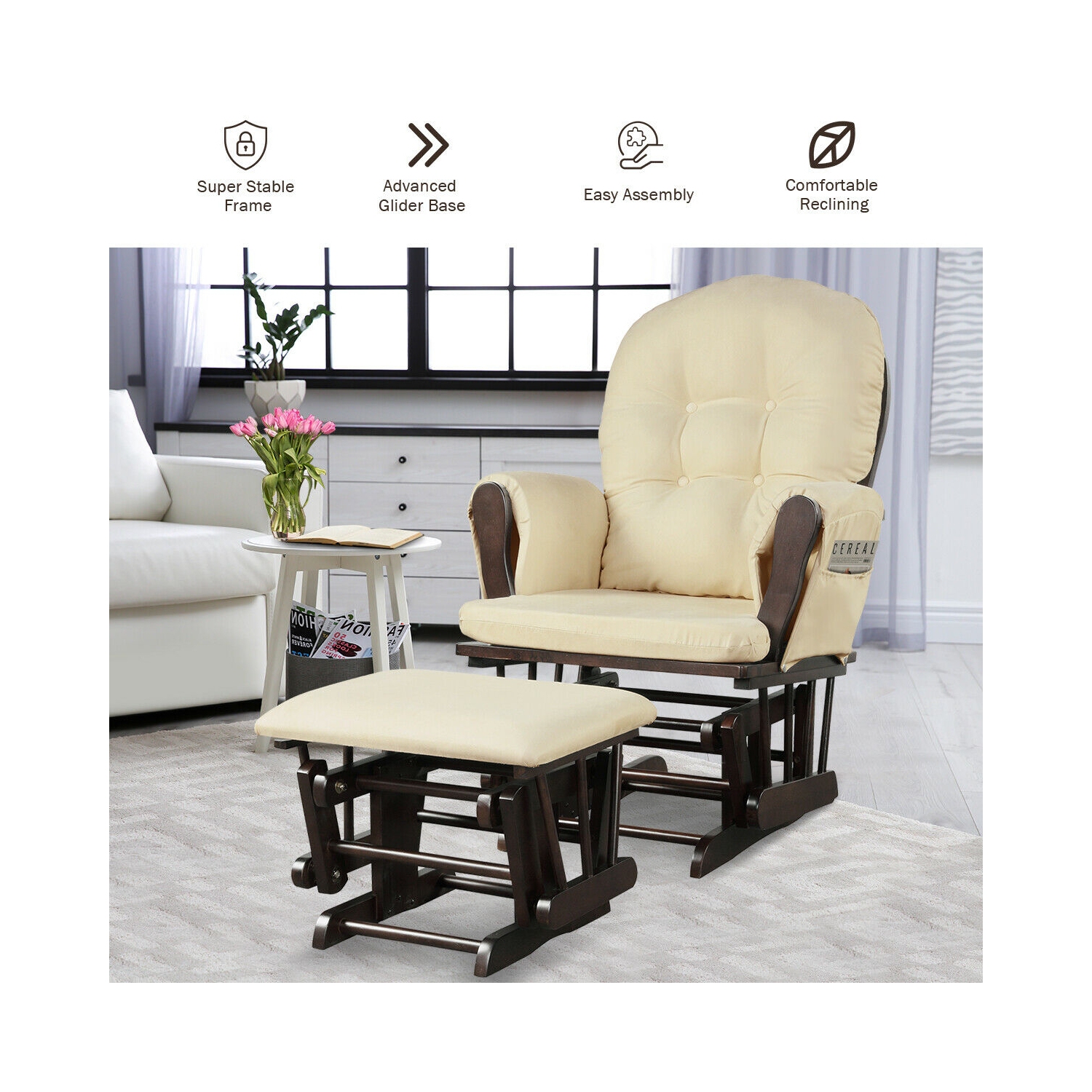 Ensemble de fauteuils coulissants en bois massif avec pochettes et pouf pour une détente beige