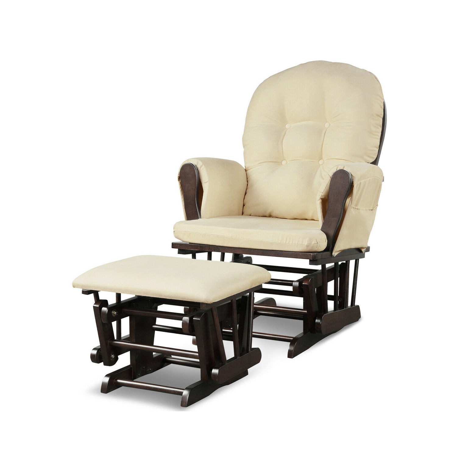 Ensemble de fauteuils coulissants en bois massif avec pochettes et pouf pour une détente beige