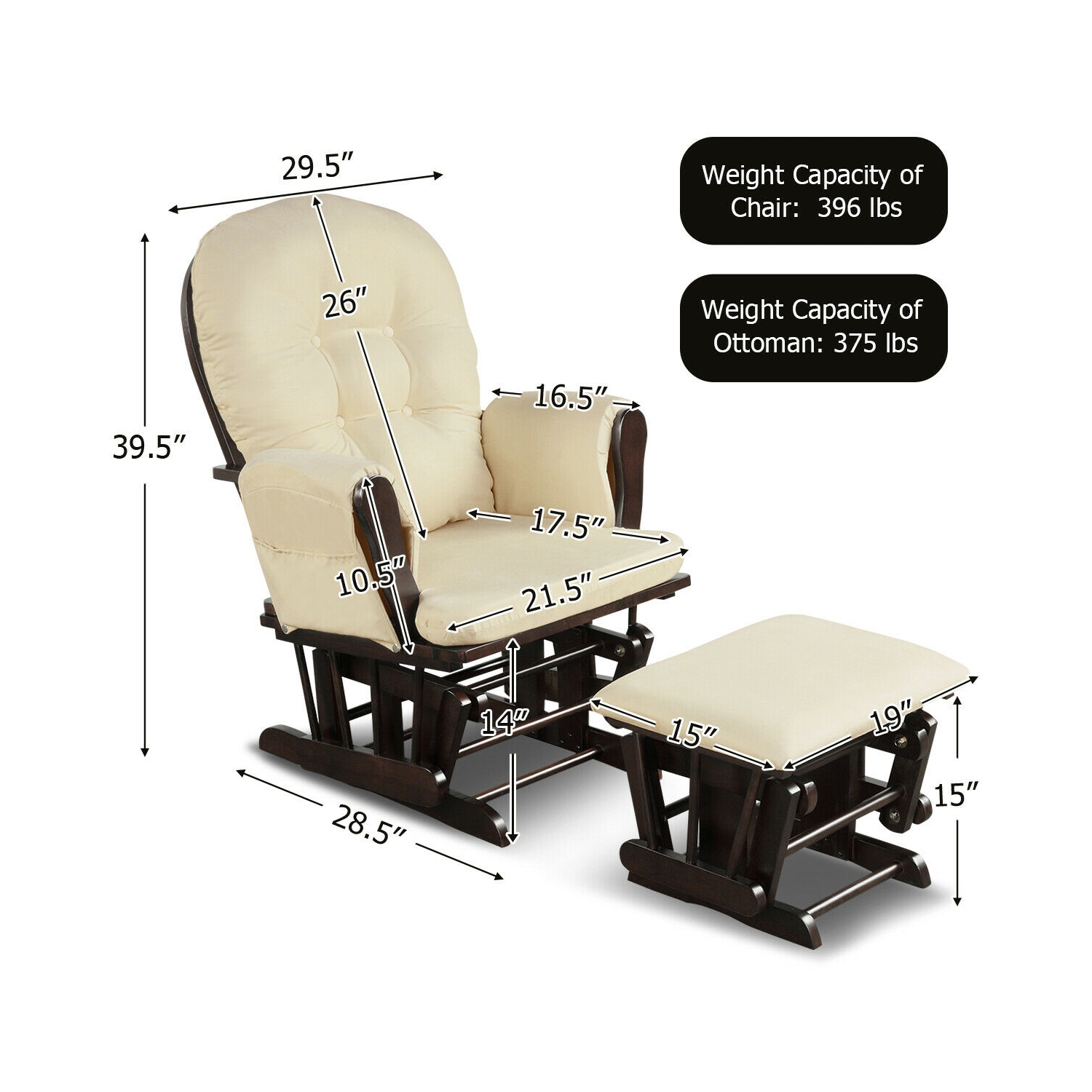 Ensemble de fauteuils coulissants en bois massif avec pochettes et pouf pour une détente beige