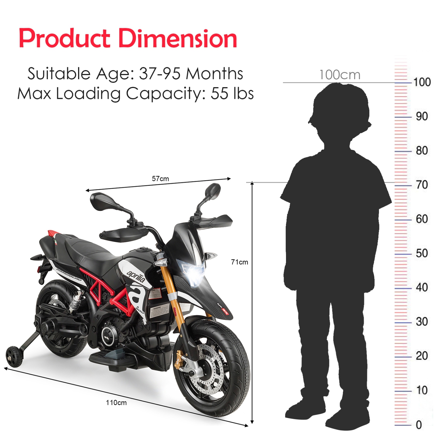 Motocyclette à enfourcher pour enfants de 12 V autorisée par Aprilia, noir