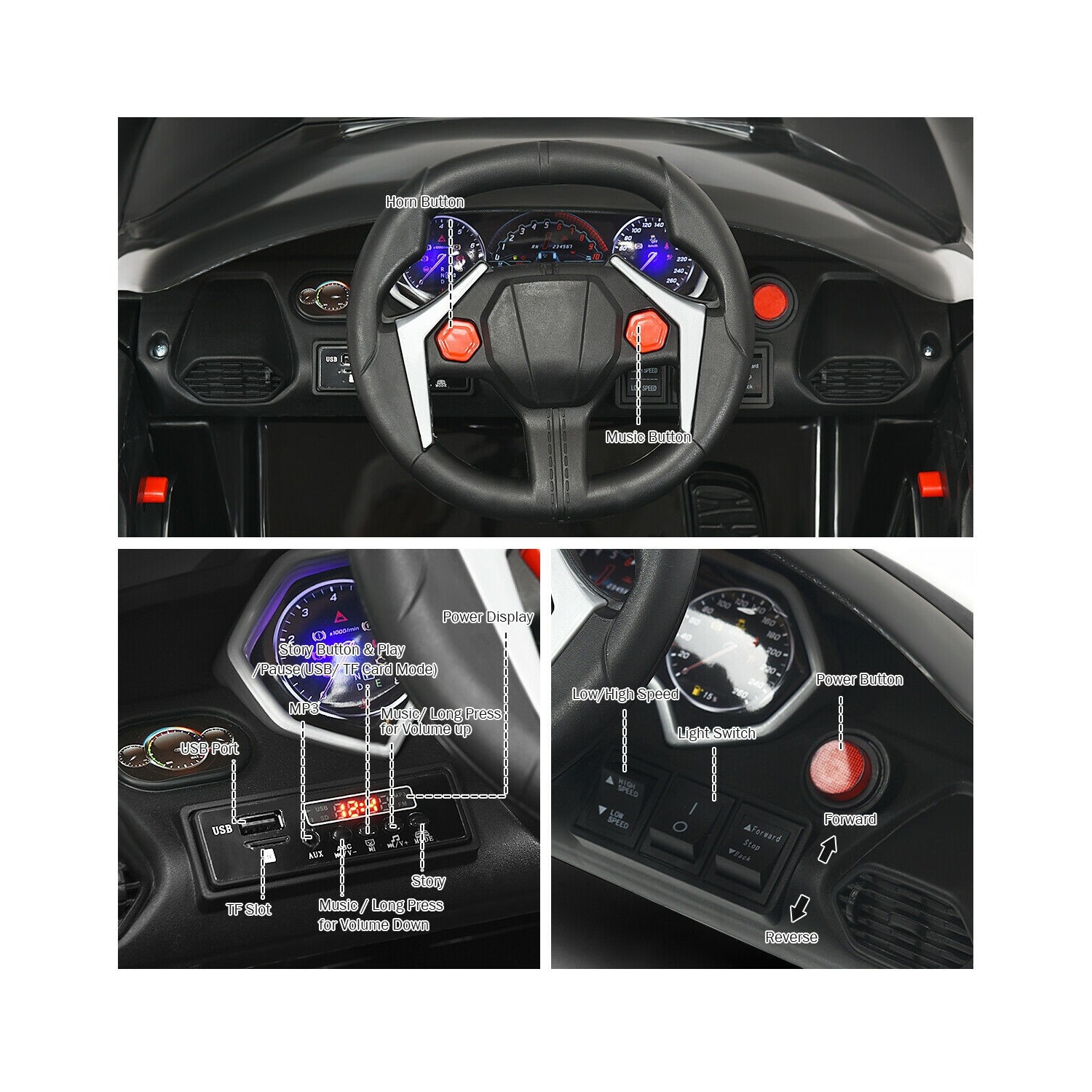 Véhicule électrique téléguidé 12 V 2,4 GHz avec lumières - Noir