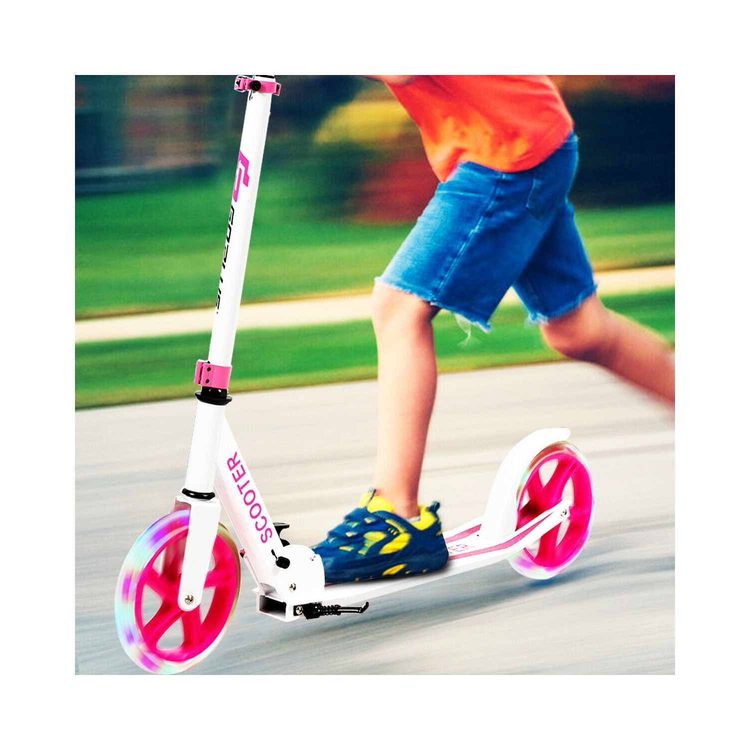 Portable Folding Sports Kick Scooter w/ LED Wheels-Pink