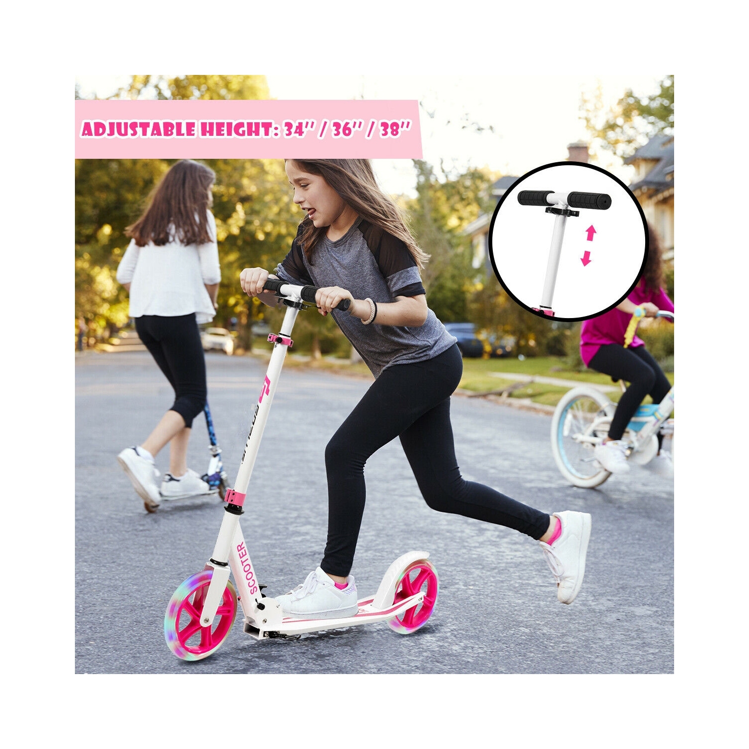Portable Folding Sports Kick Scooter w/ LED Wheels-Pink