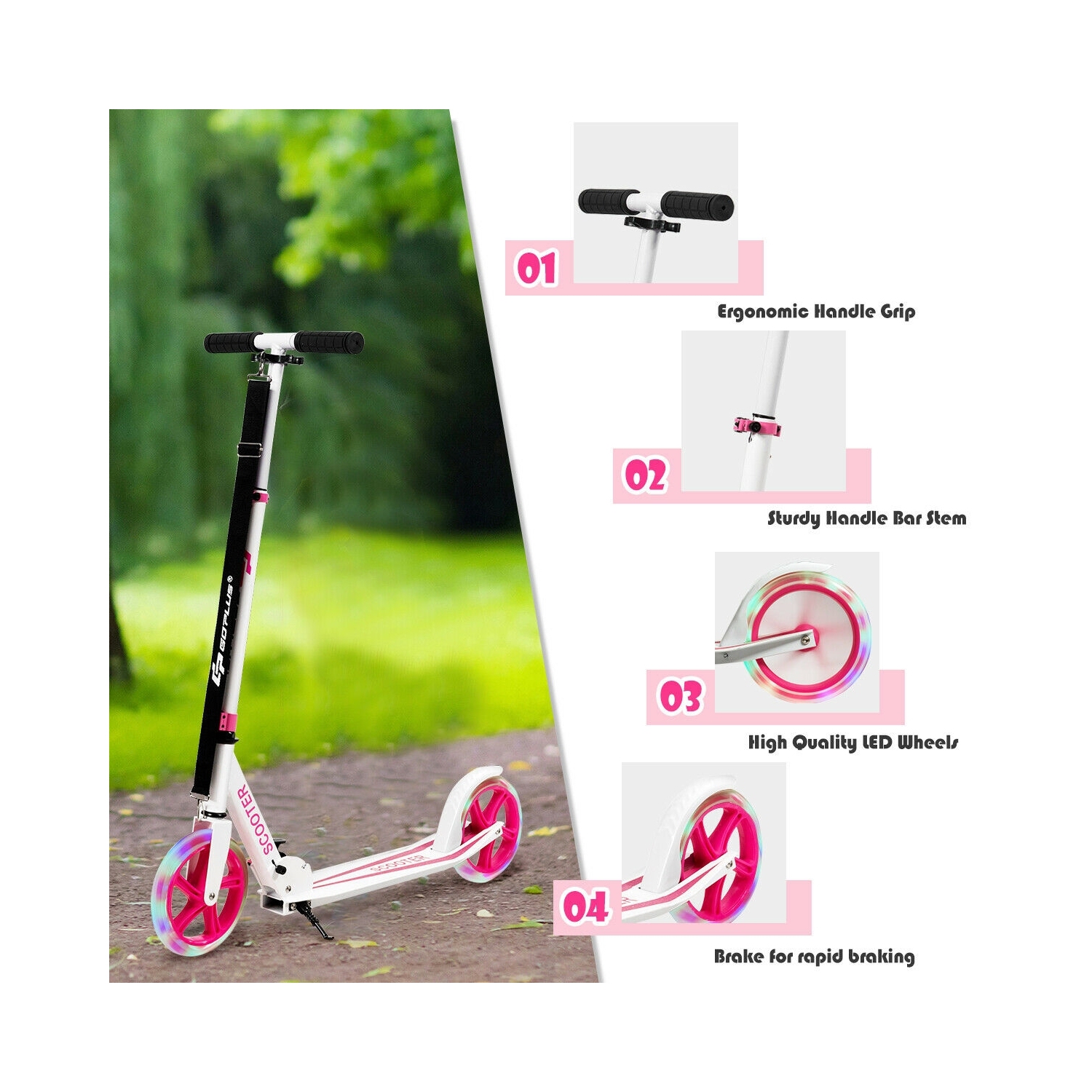 Portable Folding Sports Kick Scooter w/ LED Wheels-Pink