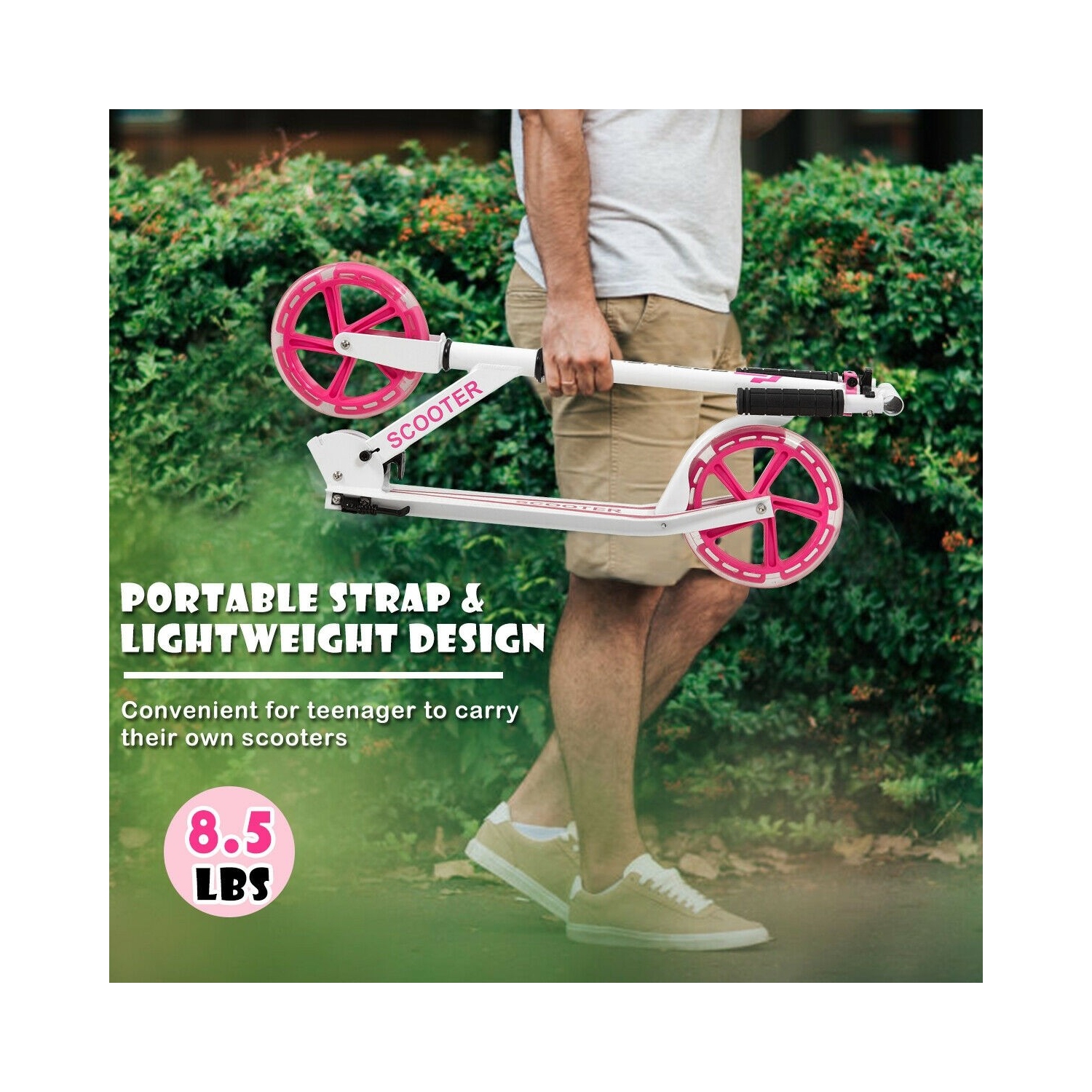 Portable Folding Sports Kick Scooter w/ LED Wheels-Pink