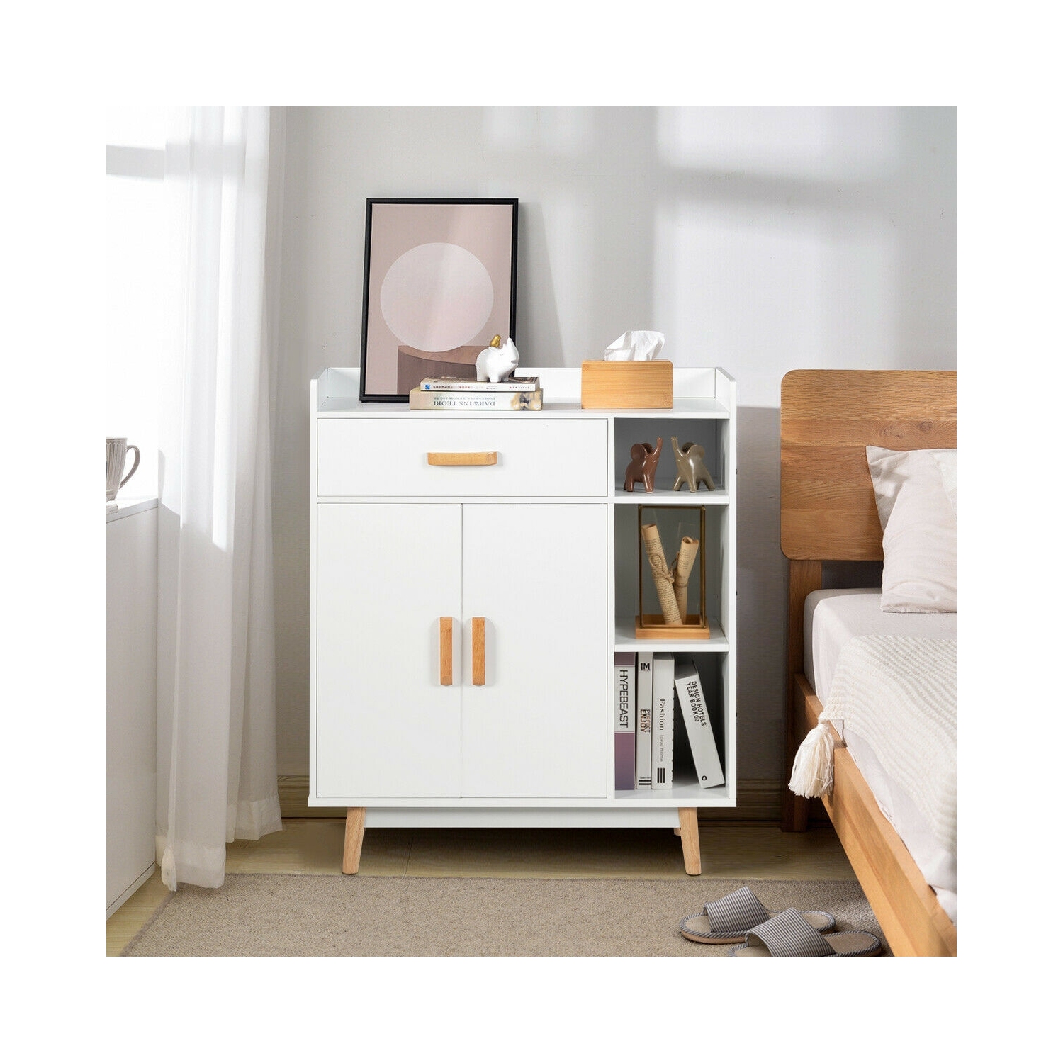 Armoire de plancher compacte avec tiroir – Coffre de rangement autonome pour les petits espaces