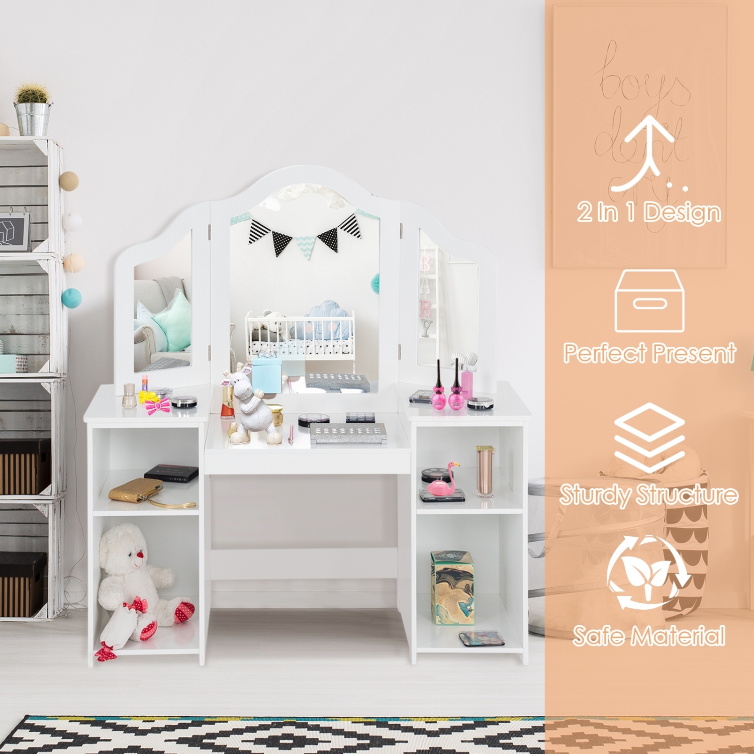 Ensemble 3 miroirs pliants pour enfants coiffeuse-Blanc