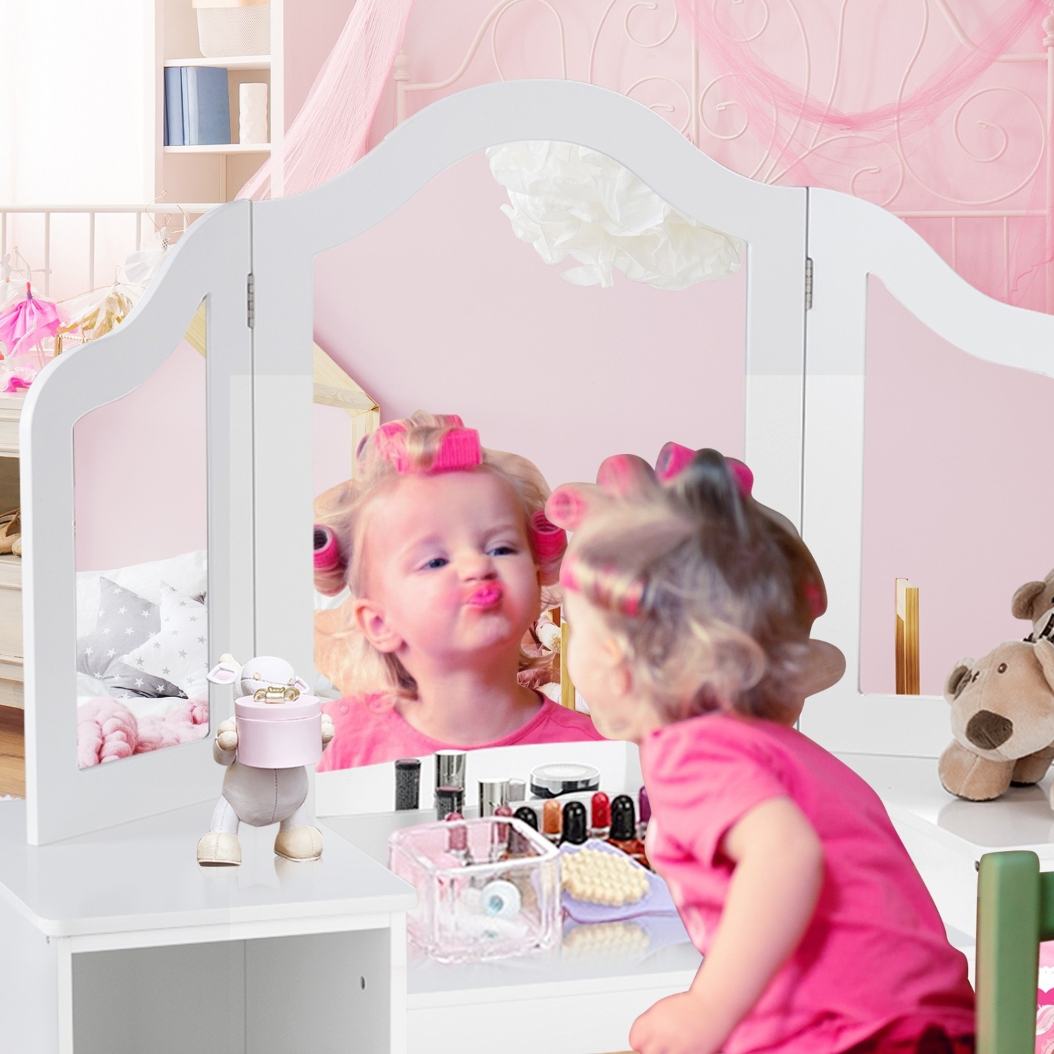 Ensemble 3 miroirs pliants pour enfants coiffeuse-Blanc