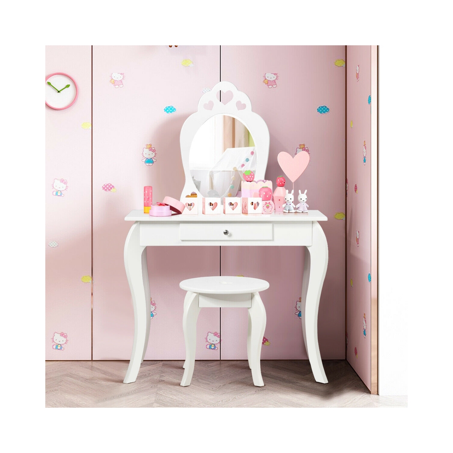 Kids Princess Makeup Dressing Play Table Set with Mirror -White