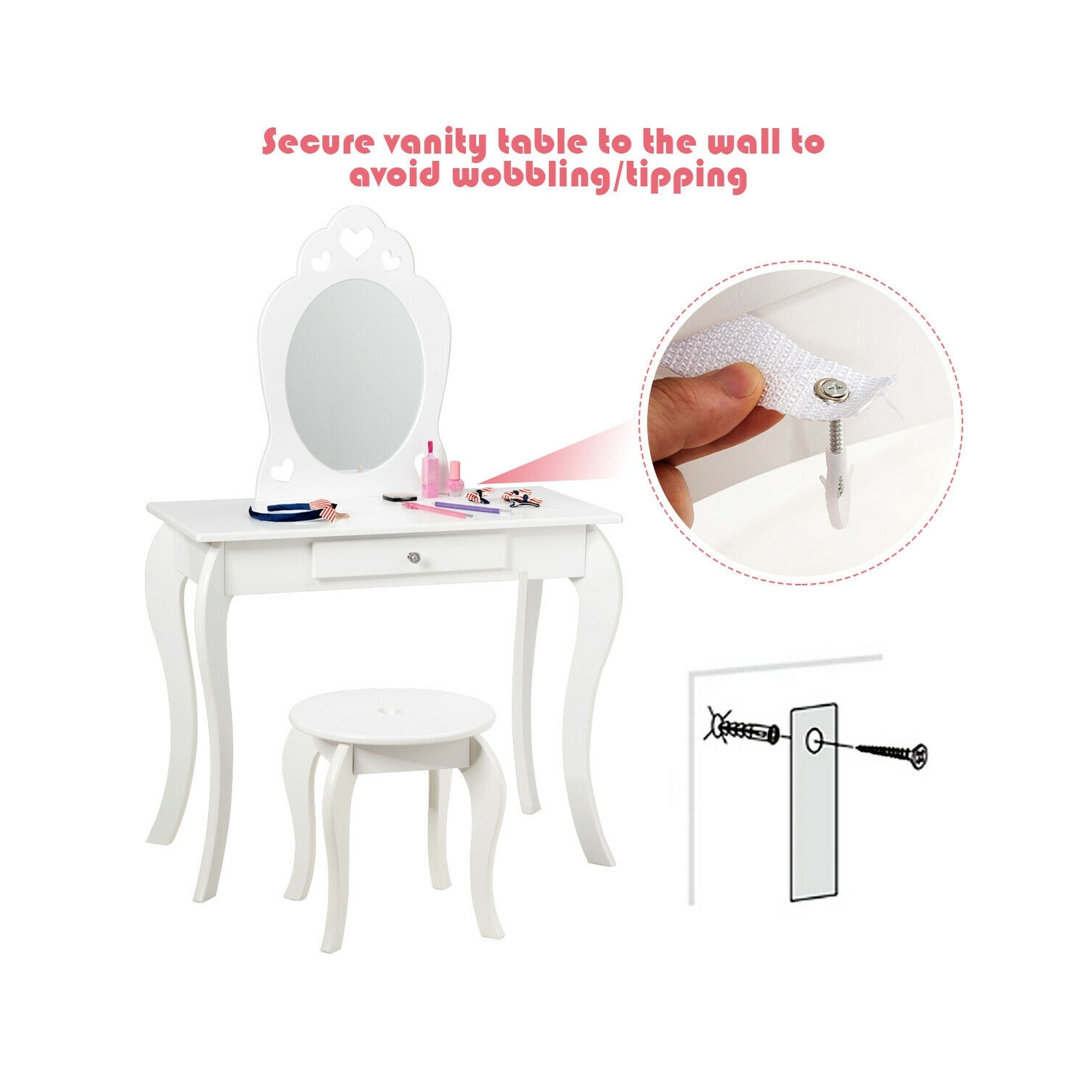 Kids Princess Makeup Dressing Play Table Set with Mirror -White