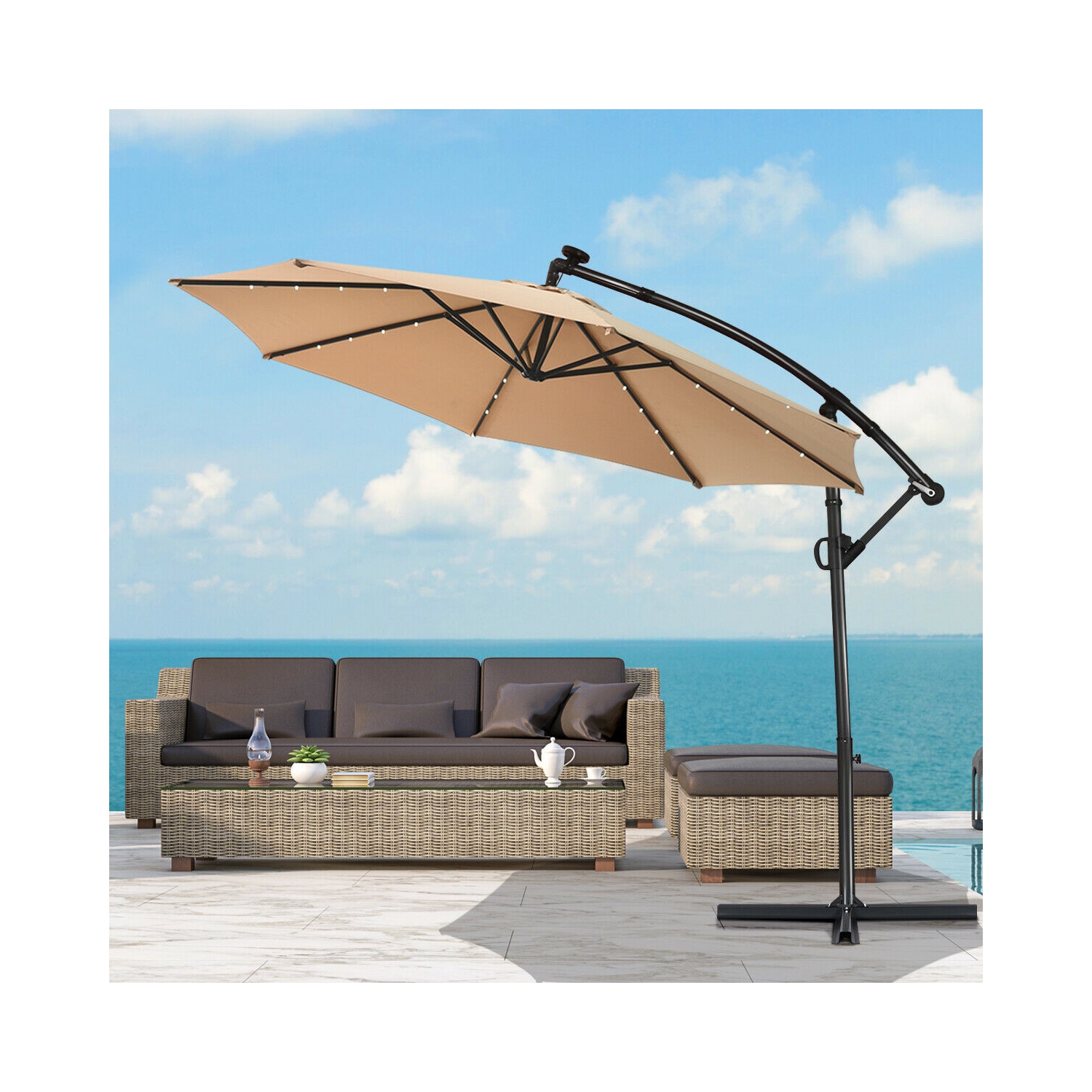 360 Degree Rotating Offset Patio Umbrella 10 ft with Solar LED