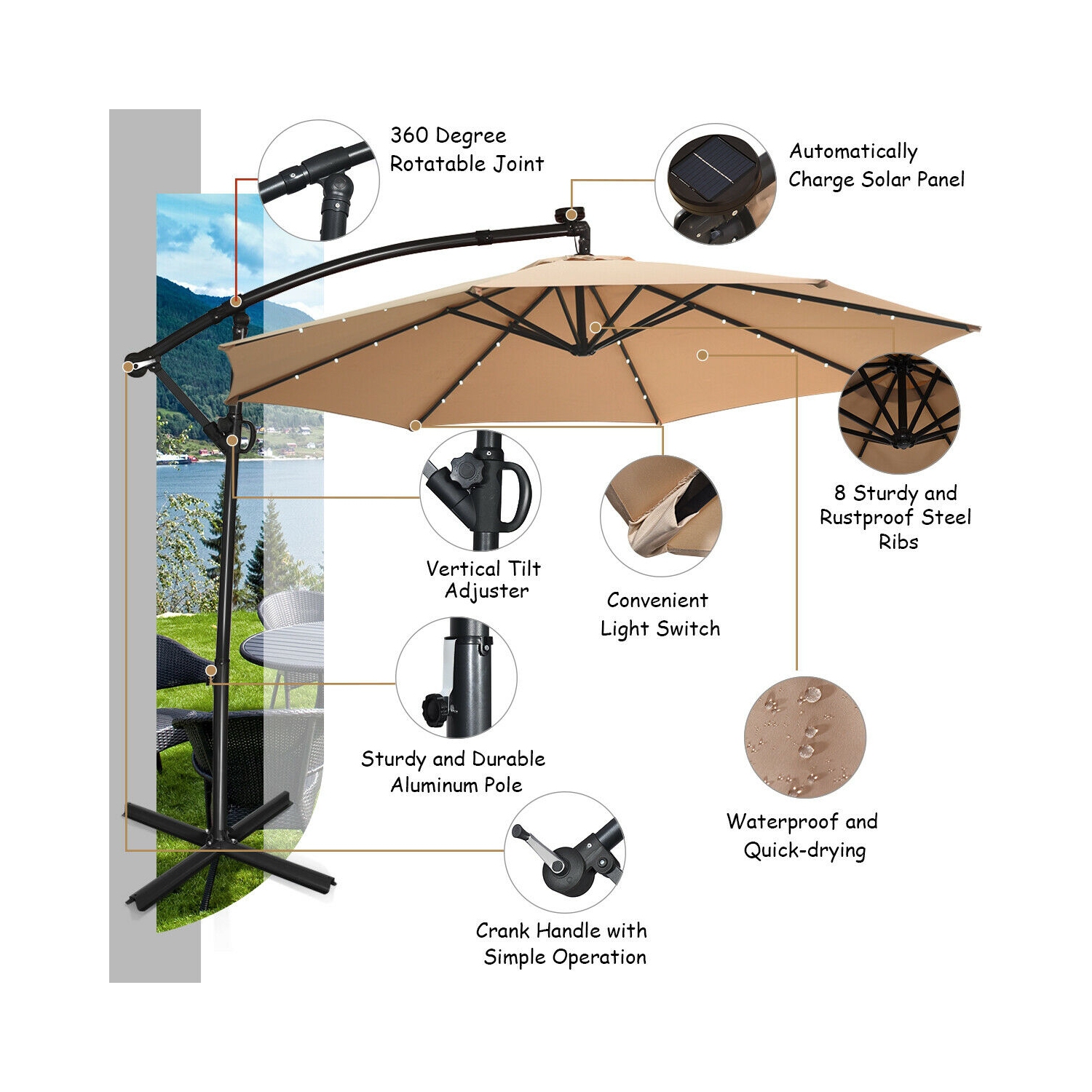 360 Degree Rotating Offset Patio Umbrella 10 ft with Solar LED