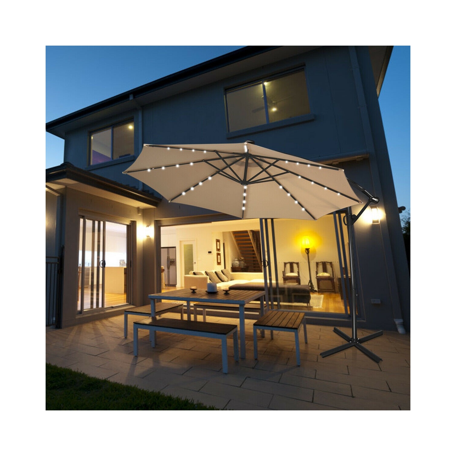 360 Degree Rotating Offset Patio Umbrella 10 ft with Solar LED