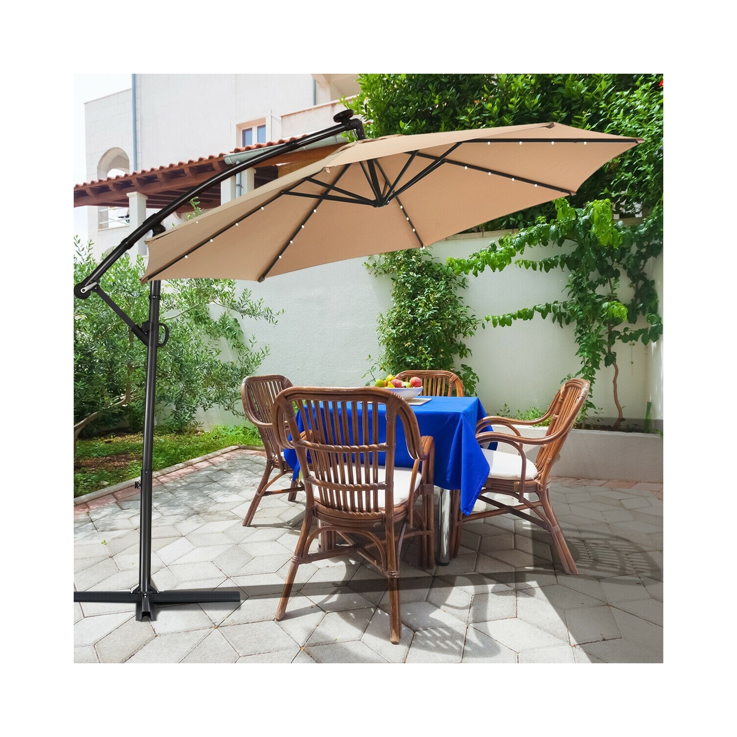 360 Degree Rotating Offset Patio Umbrella 10 ft with Solar LED