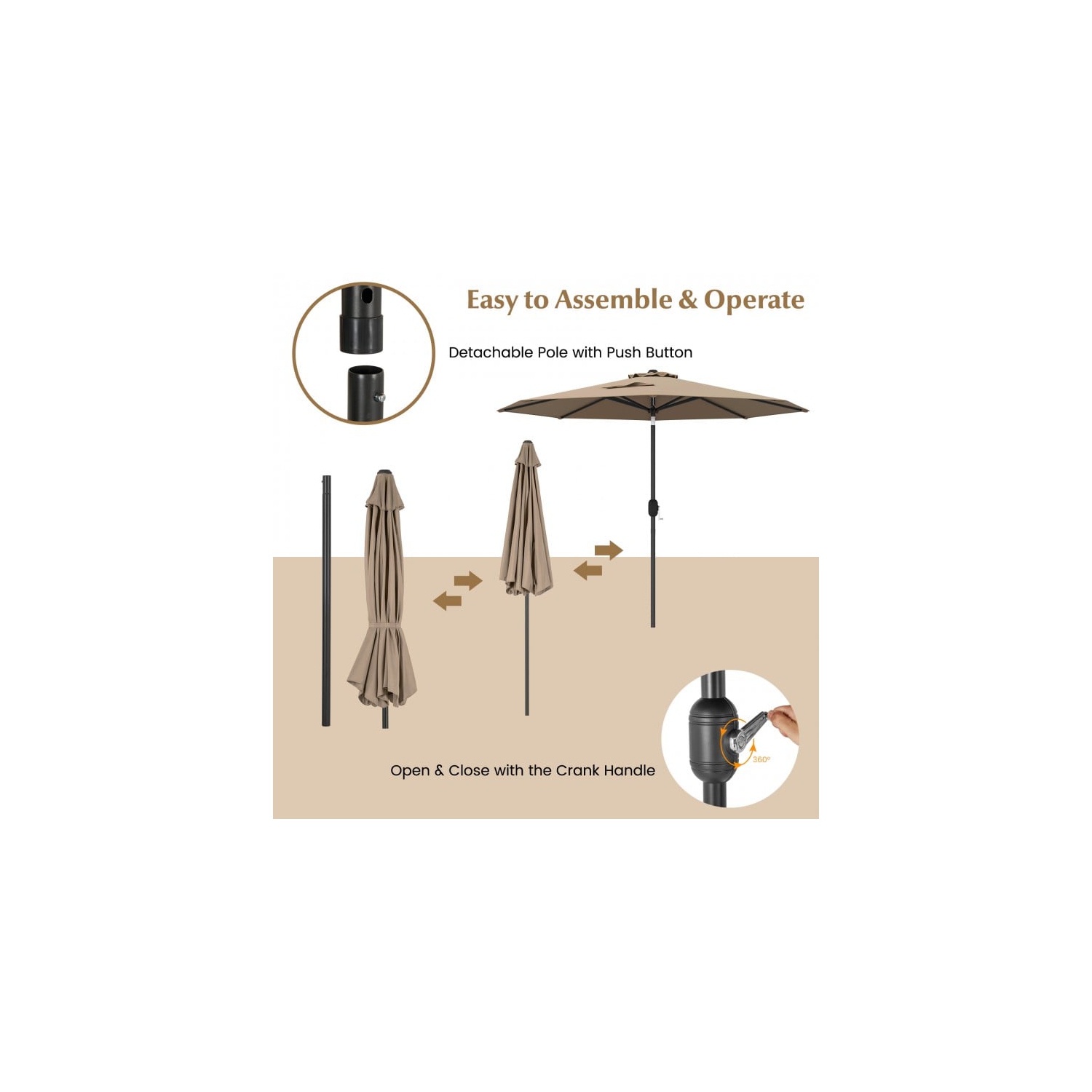 Parasol de table de patio de 9 pi avec bouton-poussoir et manivelle inclinable