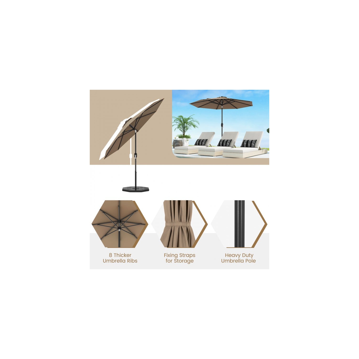 Parasol de table de patio de 9 pi avec bouton-poussoir et manivelle inclinable