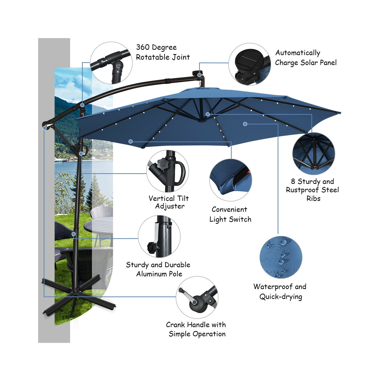 360 Degree Rotating Offset Patio Umbrella 10 ft with Solar LED