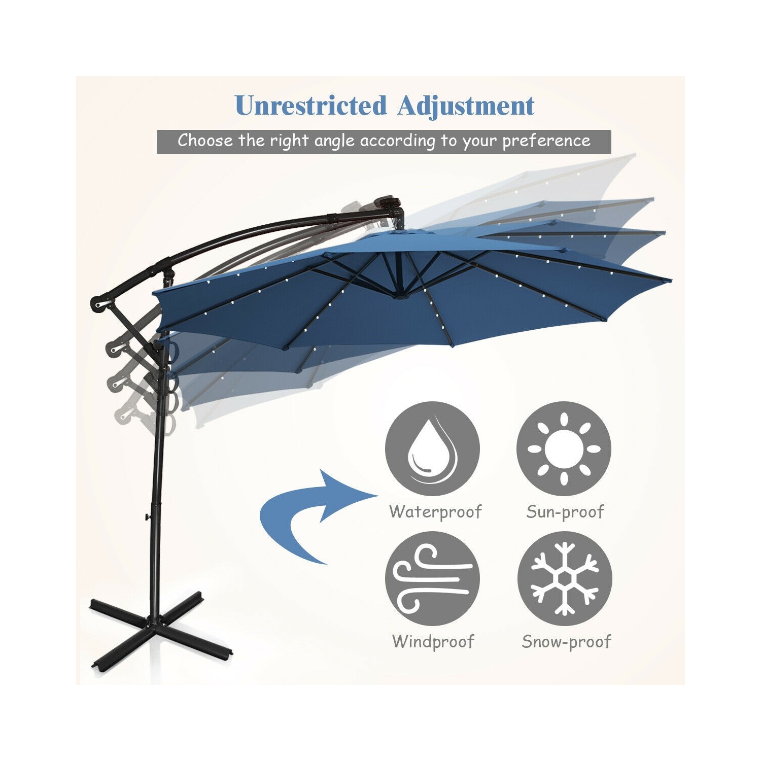 360 Degree Rotating Offset Patio Umbrella 10 ft with Solar LED