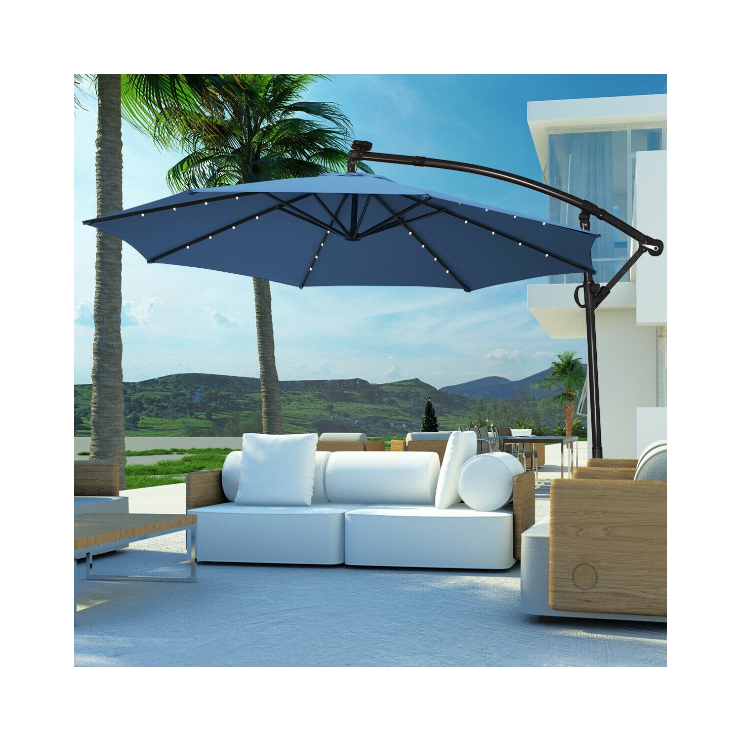 360 Degree Rotating Offset Patio Umbrella 10 ft with Solar LED