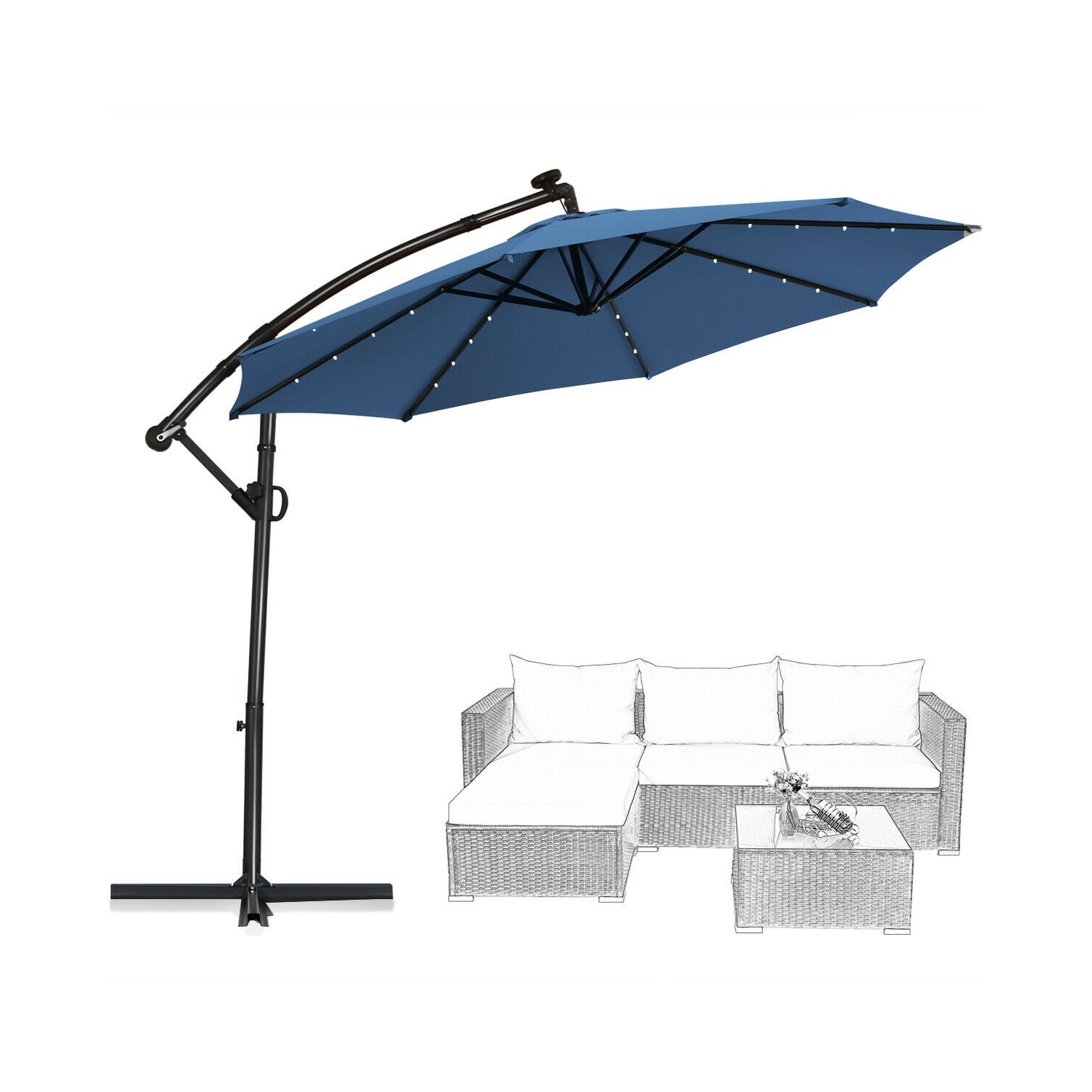 360 Degree Rotating Offset Patio Umbrella 10 ft with Solar LED
