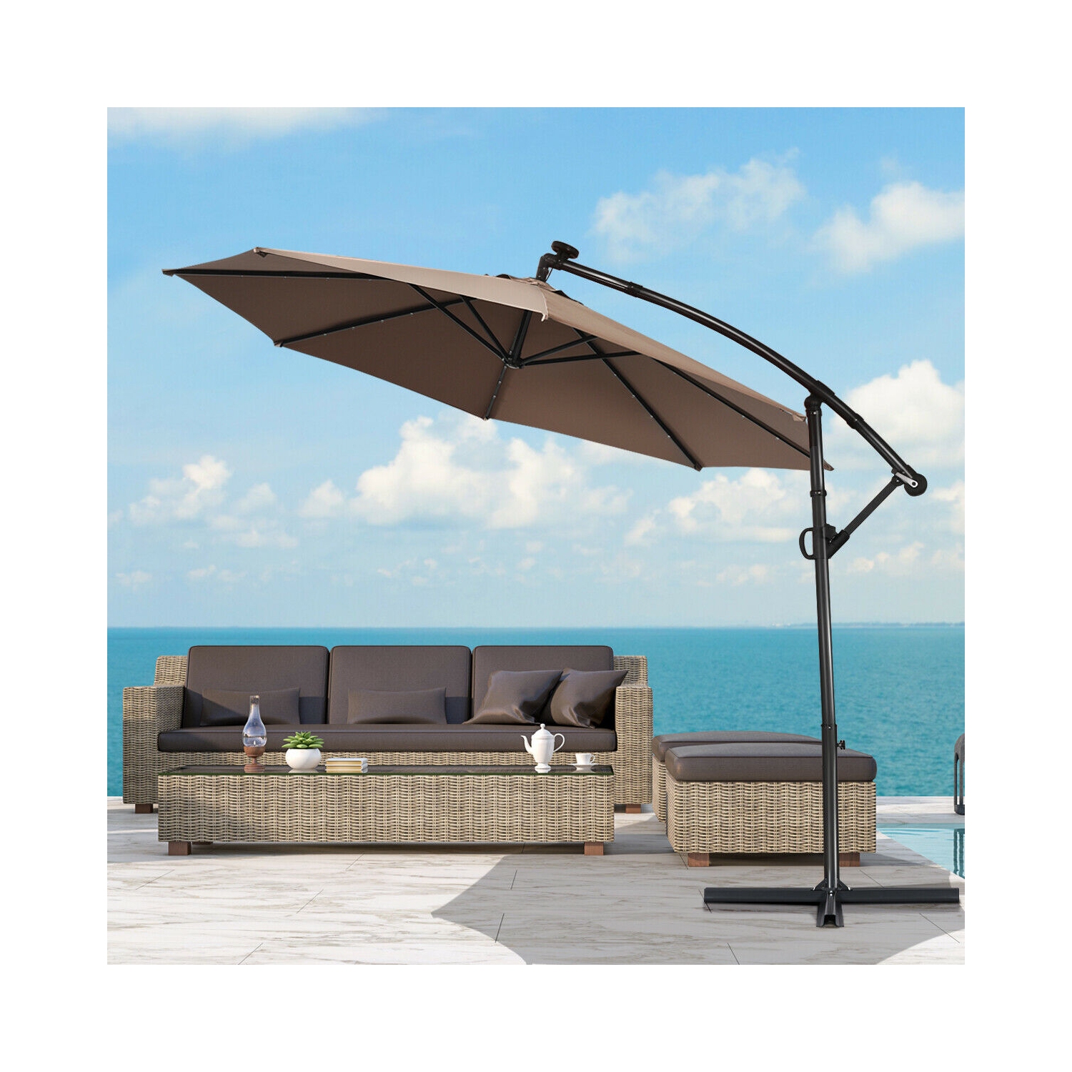 360 Degree Rotating Offset Patio Umbrella 10 ft with Solar LED