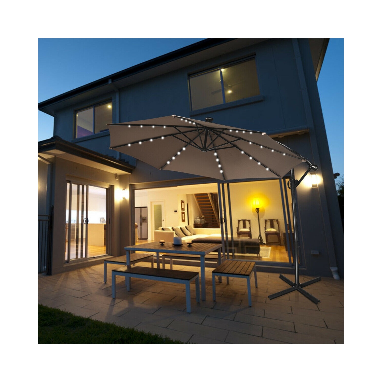 360 Degree Rotating Offset Patio Umbrella 10 ft with Solar LED