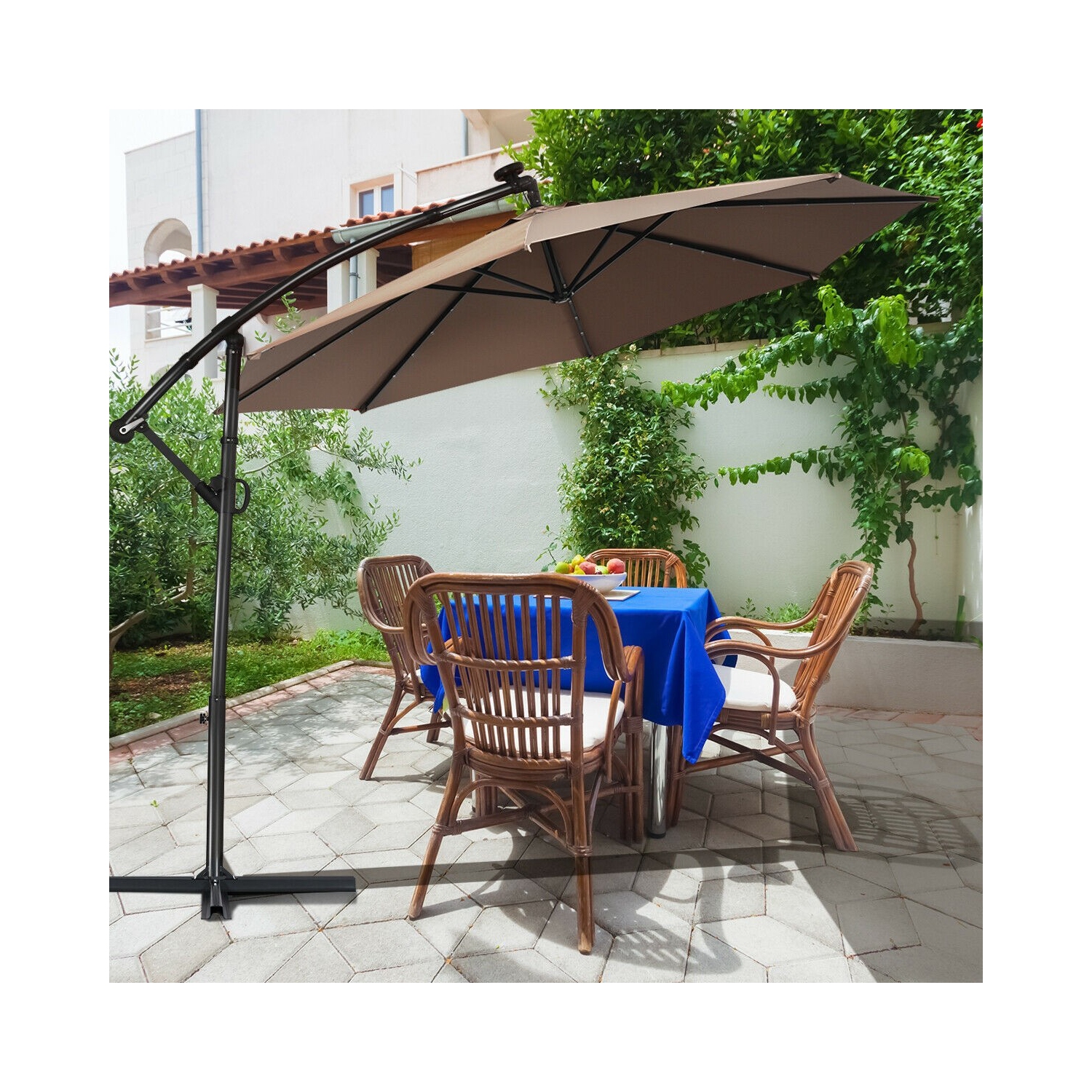 360 Degree Rotating Offset Patio Umbrella 10 ft with Solar LED