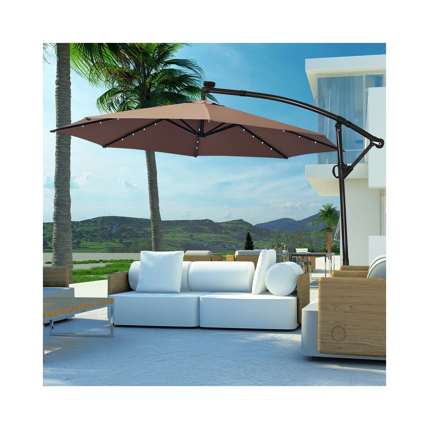 360 Degree Rotating Offset Patio Umbrella 10 ft with Solar LED