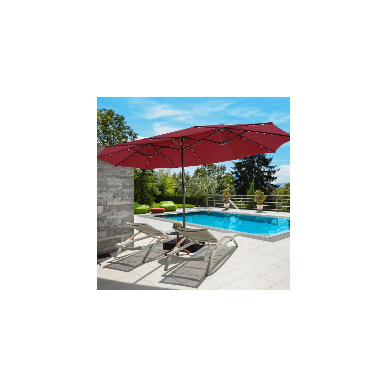 15 ft Double-Sided Market Patio Umbrella with 48 LED Lights