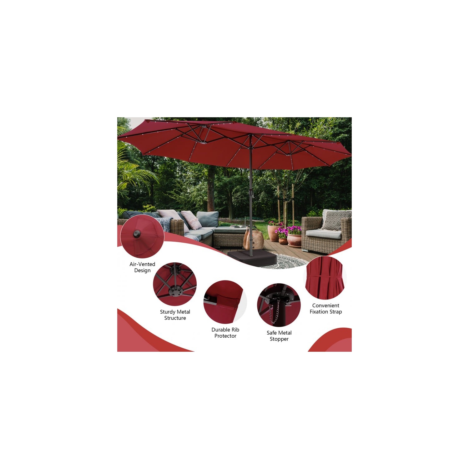 15 ft Double-Sided Market Patio Umbrella with 48 LED Lights