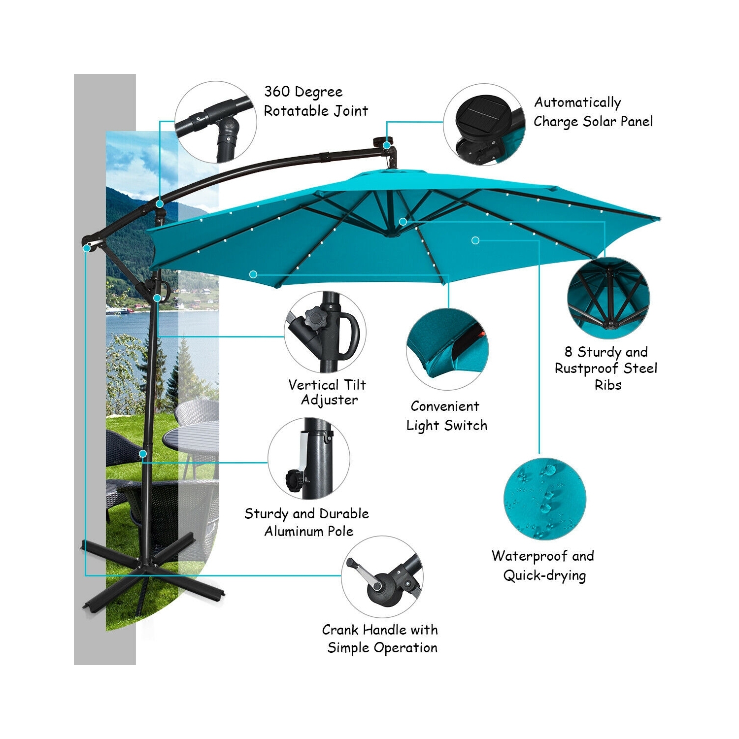360 Degree Rotating Offset Patio Umbrella 10 ft with Solar LED