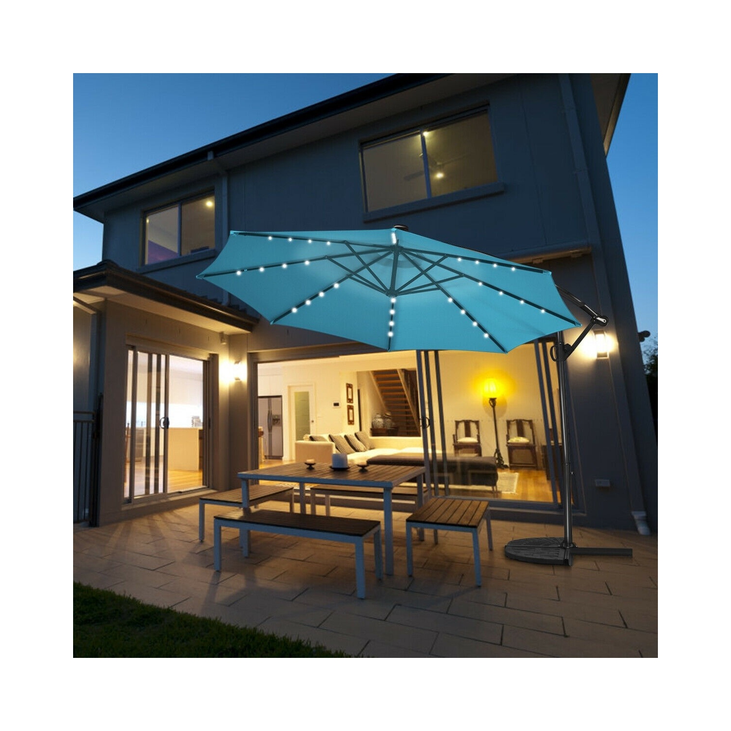 360 Degree Rotating Offset Patio Umbrella 10 ft with Solar LED