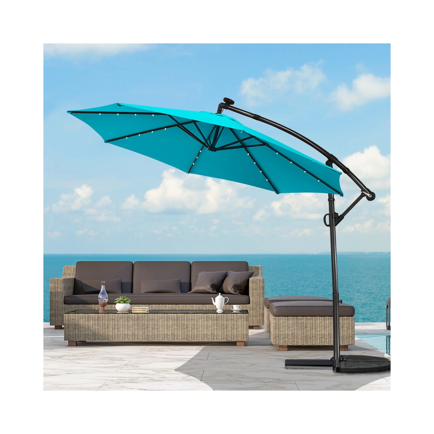 360 Degree Rotating Offset Patio Umbrella 10 ft with Solar LED